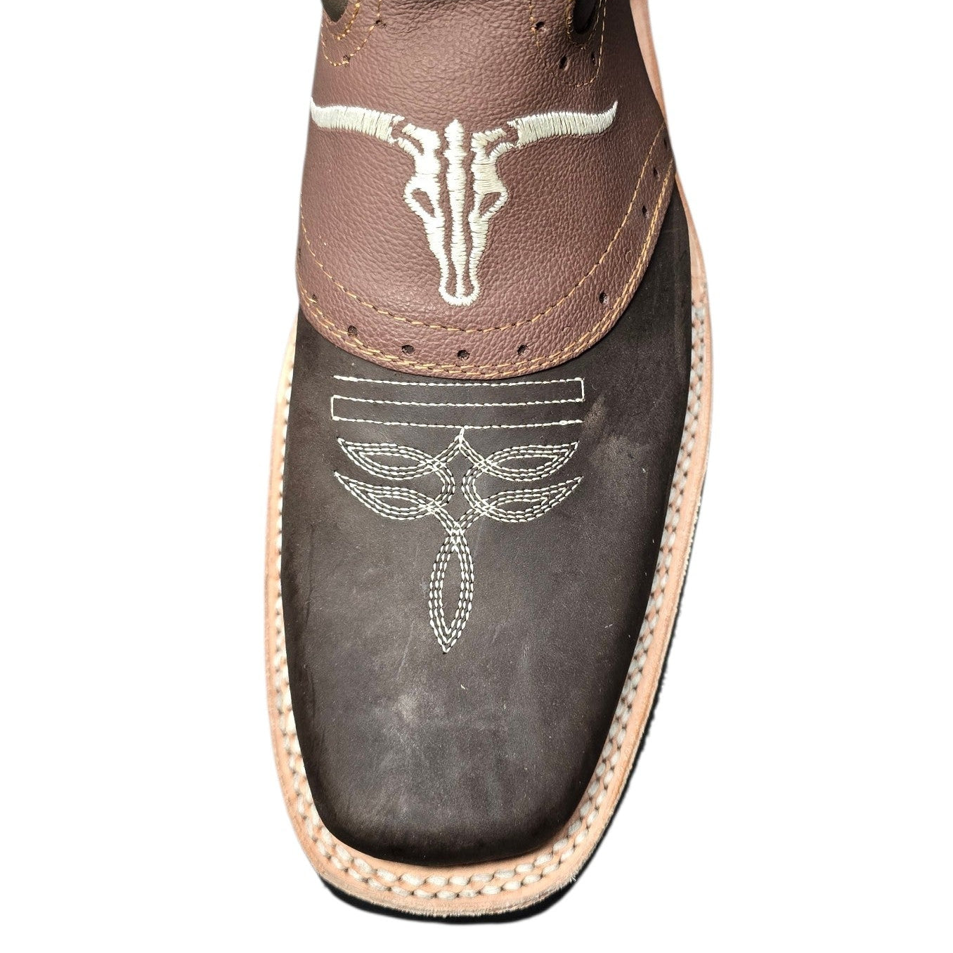 Cowboy Boots (0111) - Rodeo Toe Layered Two-tone Brown Leather Longhorn Design