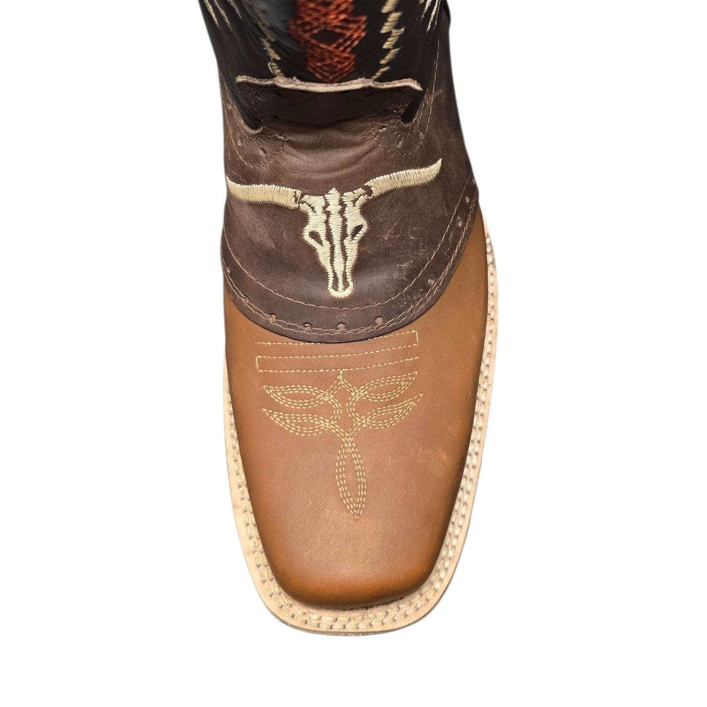 Cowboy Boots (0152) - 12.5" Rodeo Toe Layered Brown & Black Leather Longhorn Design