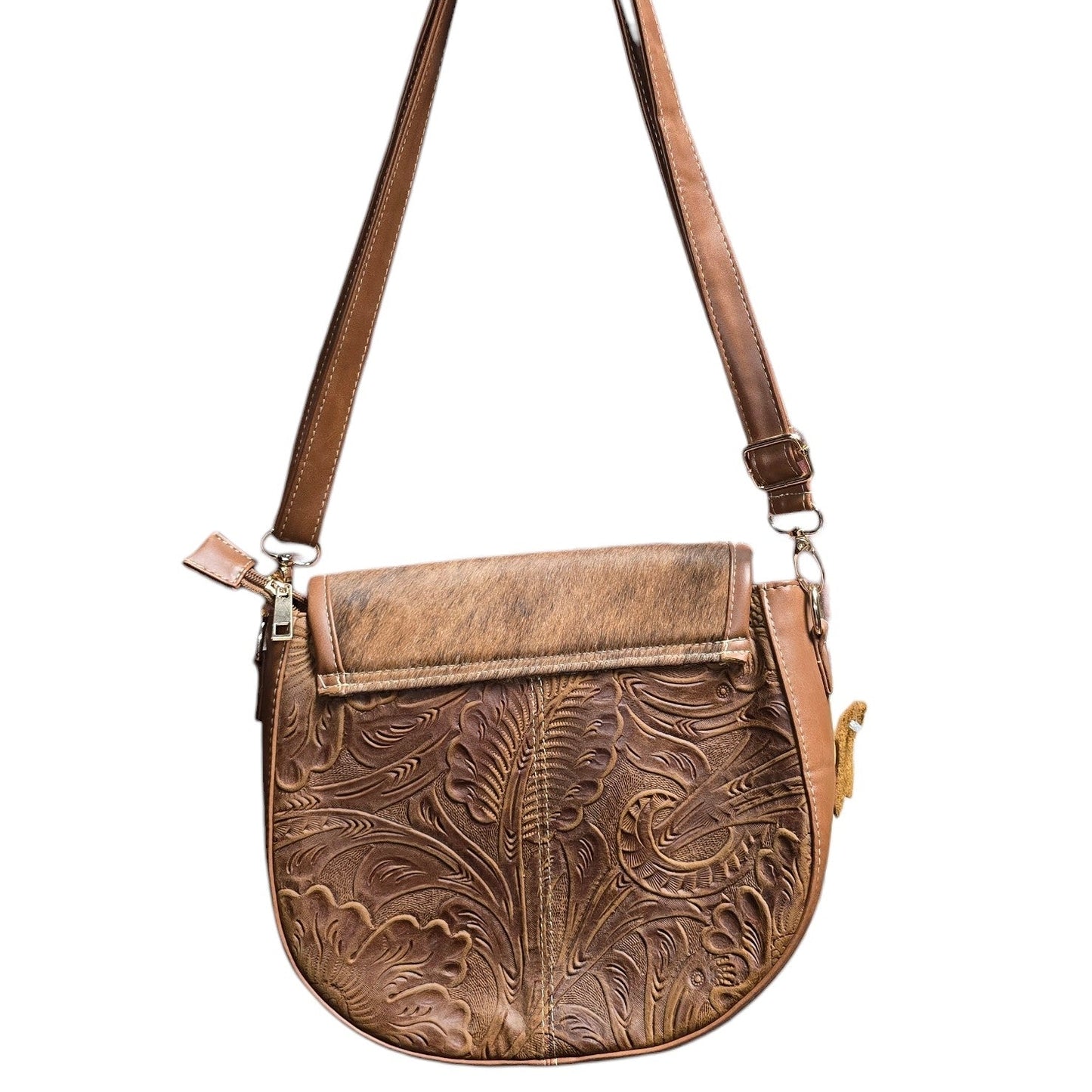 Handmade Leather Bag (0022) - Brown Hand Tooled Leather w/ Genuine Cowhide