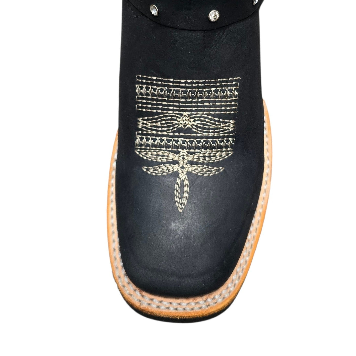 Cowboy Boots (0164) - 13" Black Leather w/ Floral Stitching & Square Toe