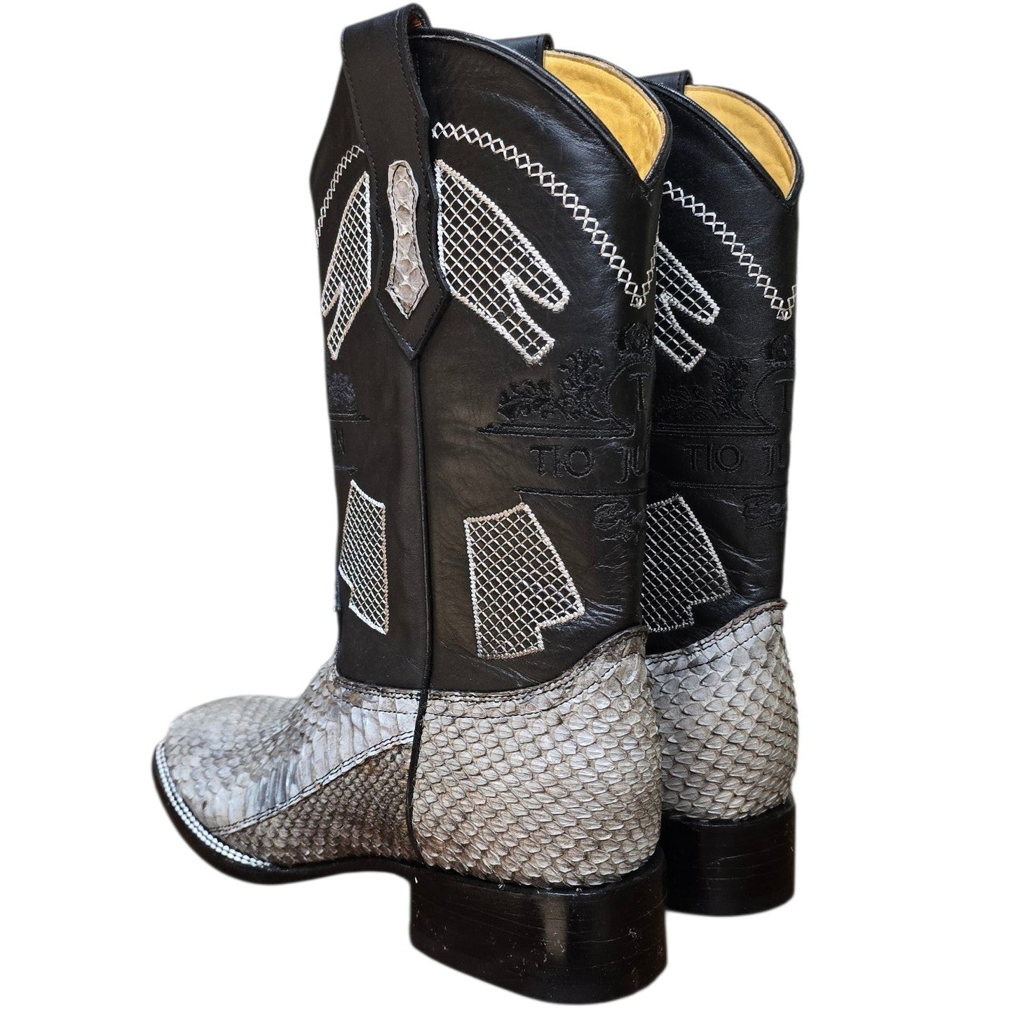 Exotic Leather Cowboy Boots (0174) - 14" Genuine Rattle Snake Skin w/ Mesh Stitching & Square Toe
