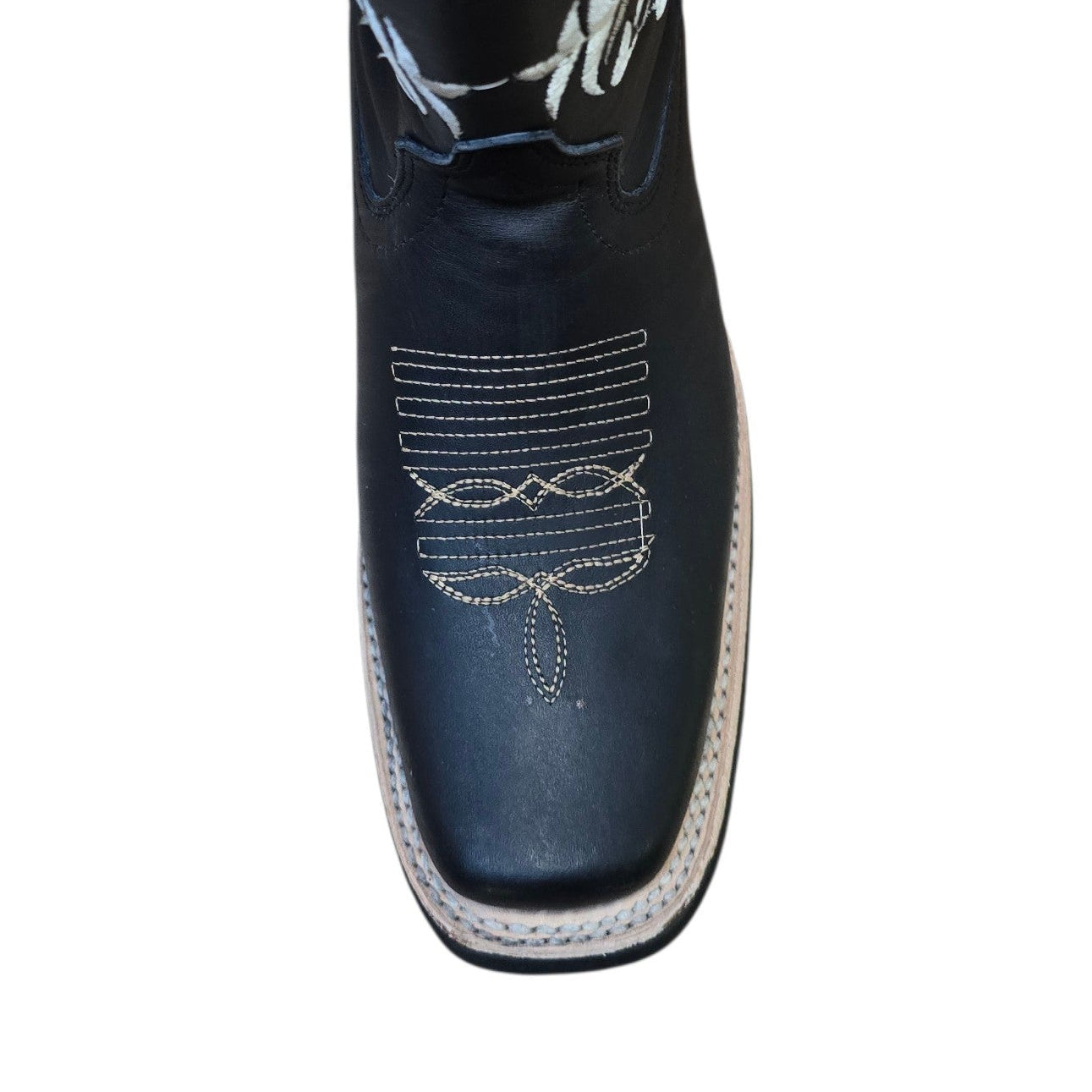 Cowboy Boots (0181) - 14" Black Leather w/ White Botanical Stitching & Rodeo Toe