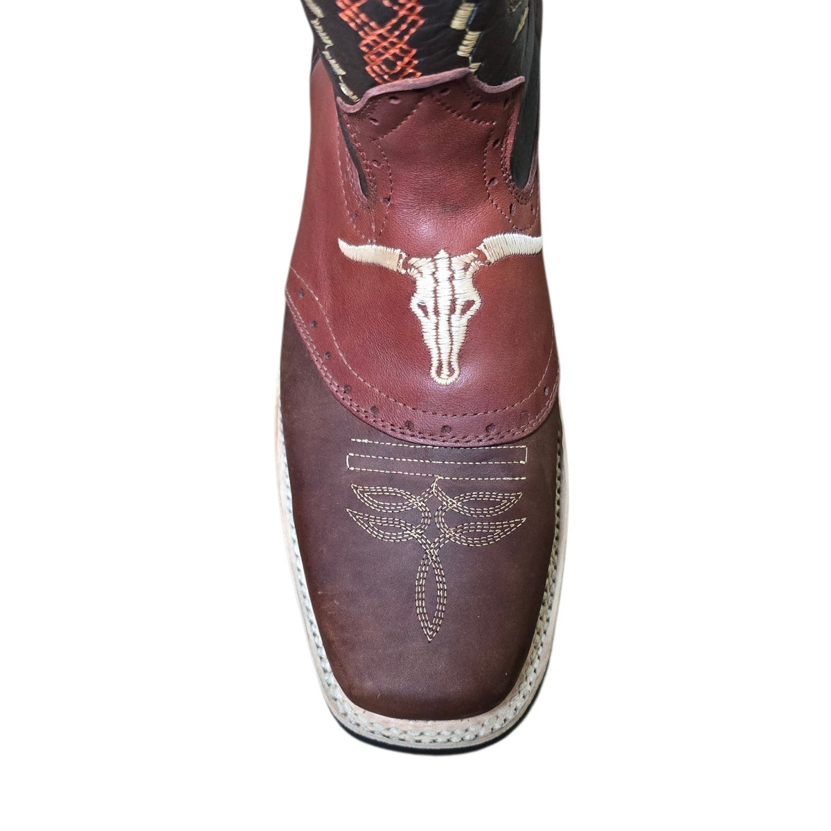 Cowboy Boots (0191) - 12" Rodeo Toe Layered Two-tone Leather w/ Longhorn Design