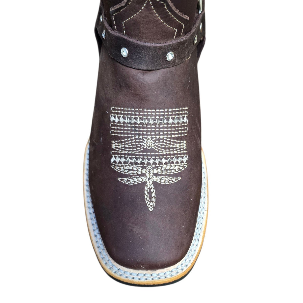 Cowboy Boots (0196) - 13" Dark Brown Leather w/ Geometric Stitching & Square Toe