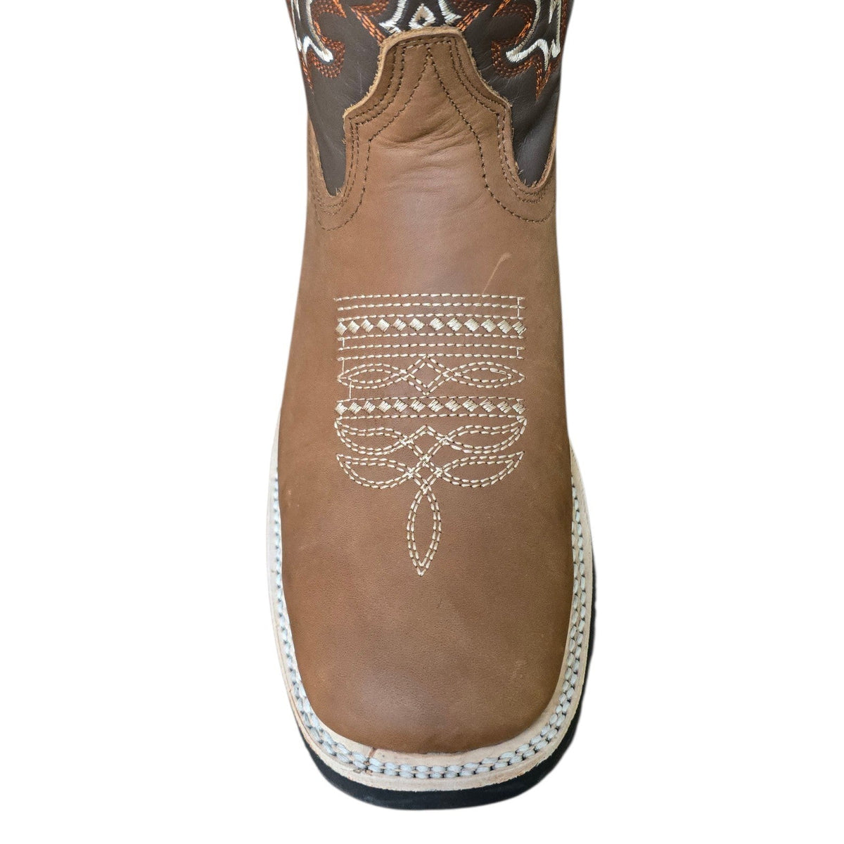 Cowboy Boots (0199) - 12" Brown Leather w/ Tribal Stitching & Square Toe