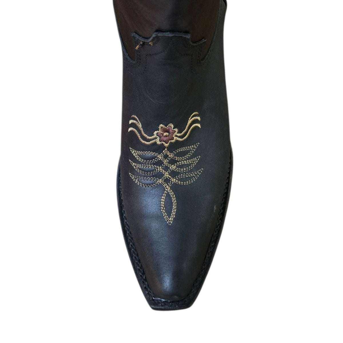 Cowboy Boots (0202) - 13.5" Black Leather w/ Gold Floral Embroidery