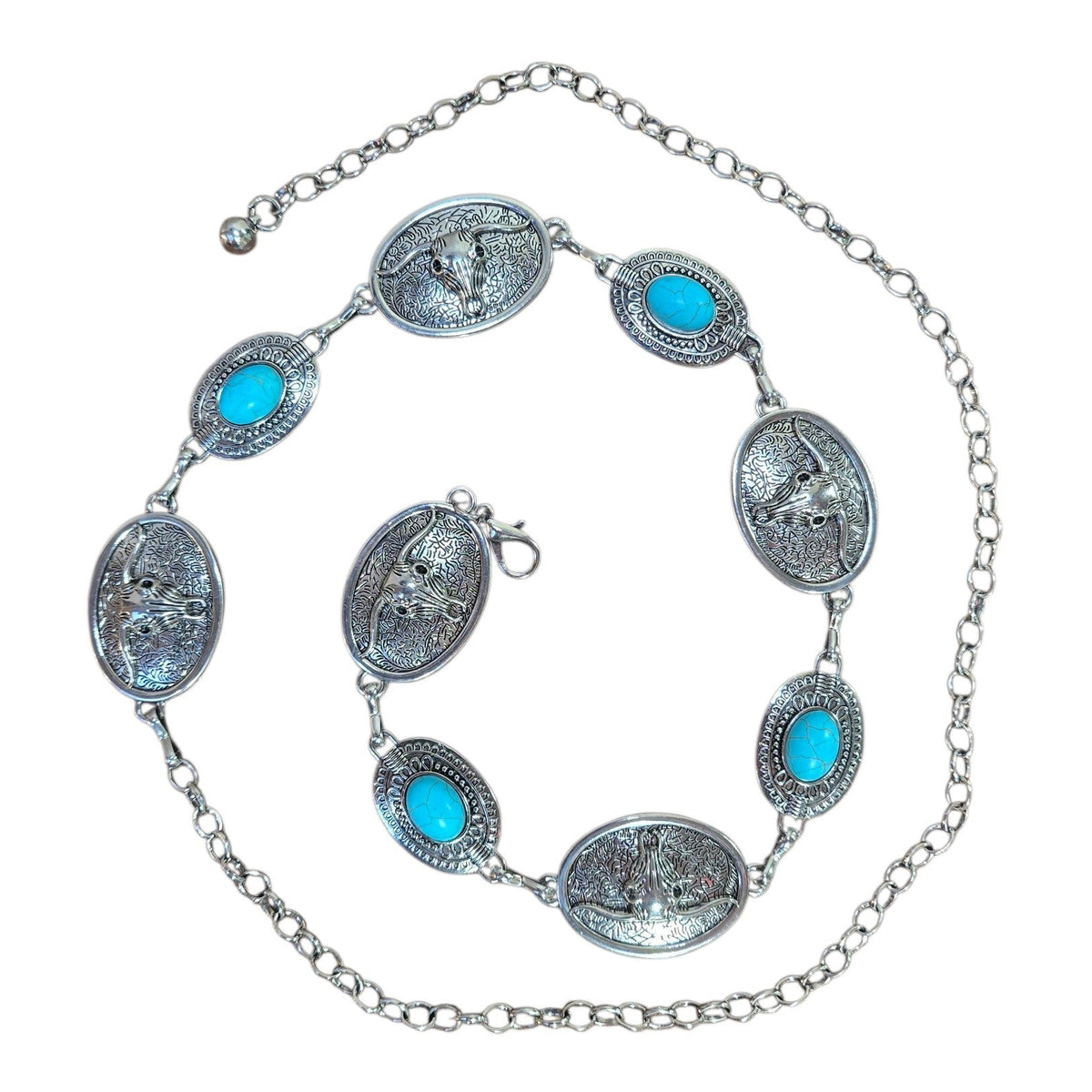 Chain Belt (0007) - Silver Belt w/ Faux Turquoise Stones & Longhorn Design