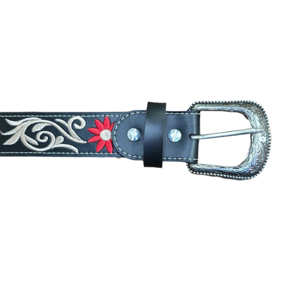 Genuine Leather Belt (0027) - Black Leather w/ Red and White Botanical Embroidery
