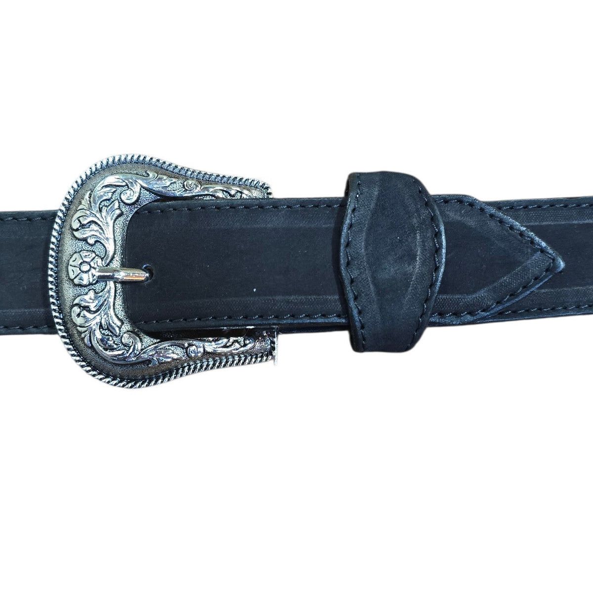 Genuine Leather Belt (0029) - Black Leather w/ Floral Embroidery