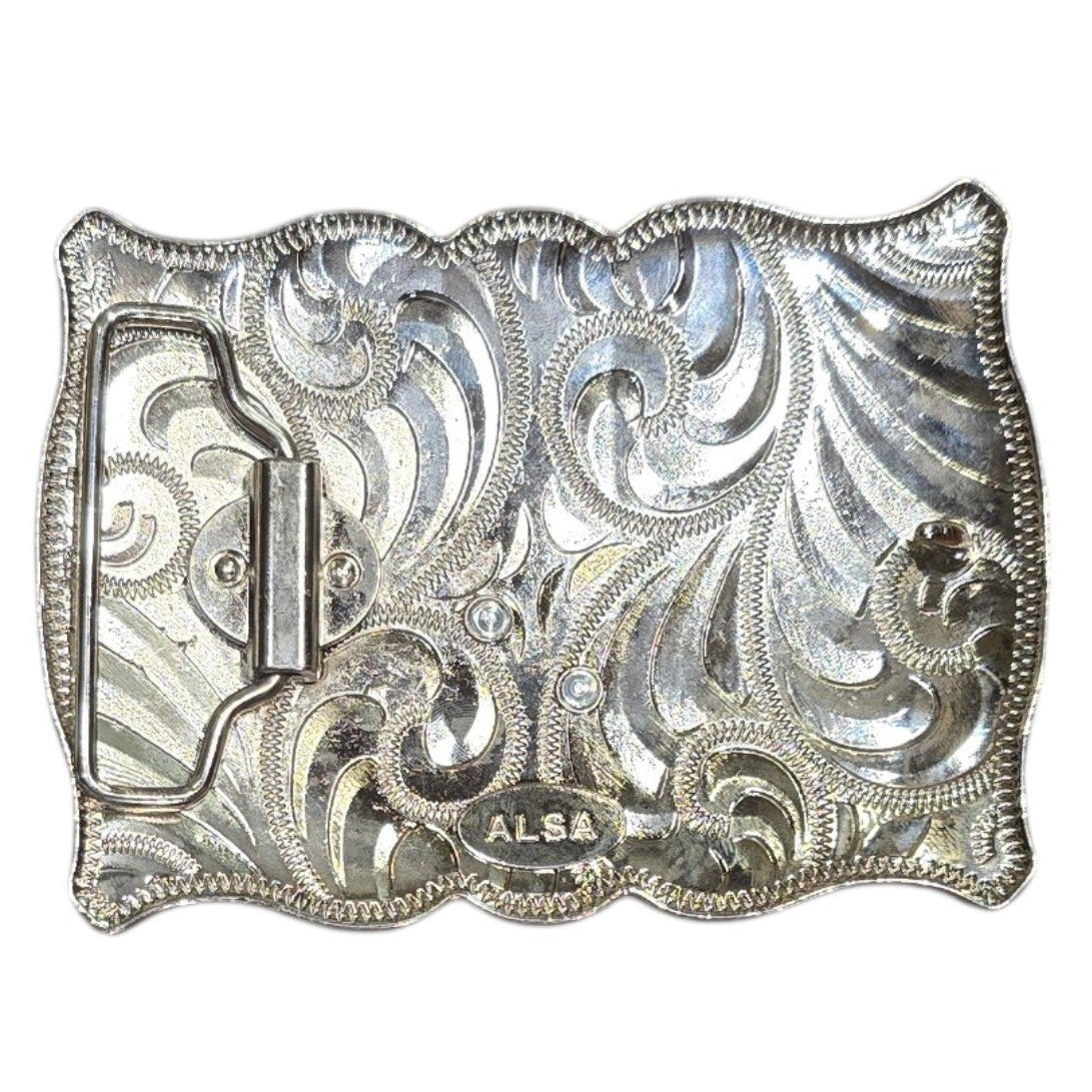 Western Buckle (0075) - Mixed Metal w/ Longhorn & Red Rhinestones