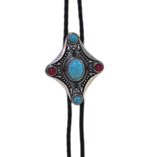 Western Bolo Tie (0082) - Silver w/ Faux Turquoise & Red Stones