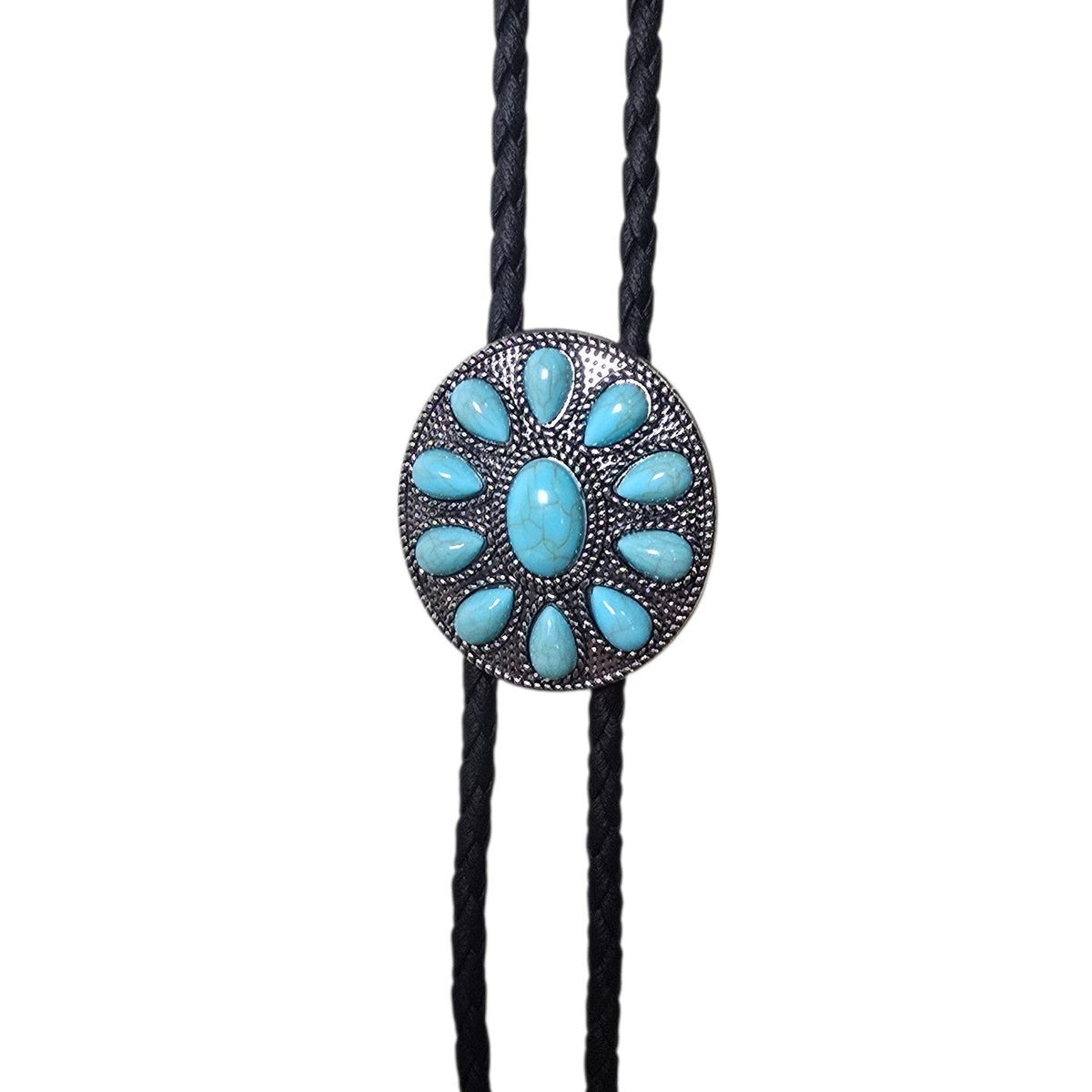 Western Bolo Tie (0084) - Silver w/ Faux Turquoise Stones