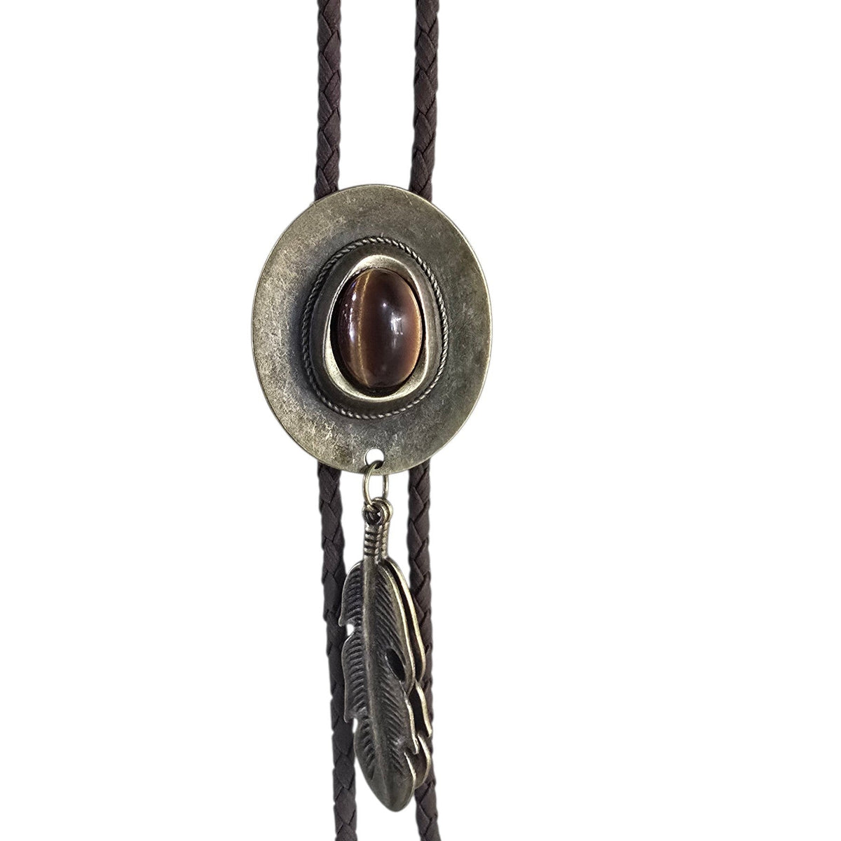 Western Bolo Tie (0097) - Bronze Cowboy Hat w/ Brown Stone (Brown Leather)