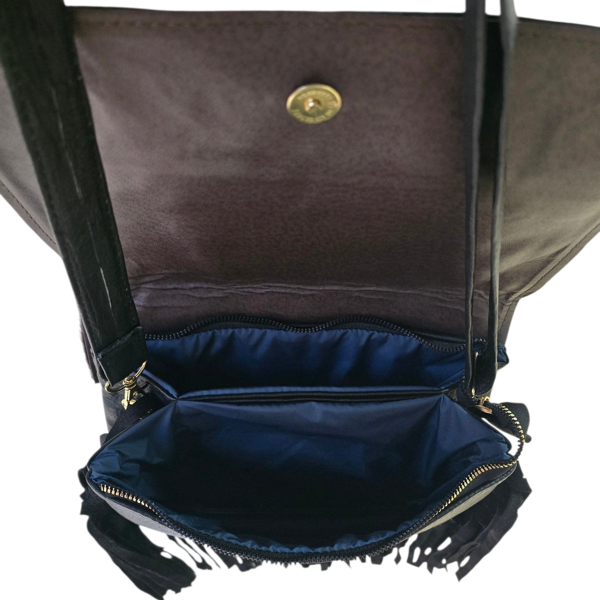 Handmade Leather Bag (0026) - Black Hand Tooled Leather w/ Genuine Cowhide & Tassels