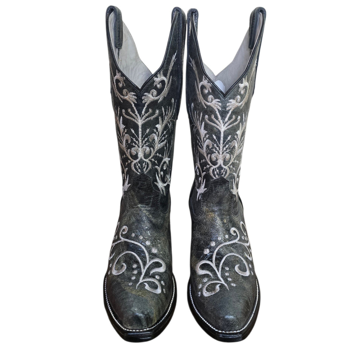 Cowboy Boots (0204) - Distressed Grey Leather w/ White Botanical Stitching