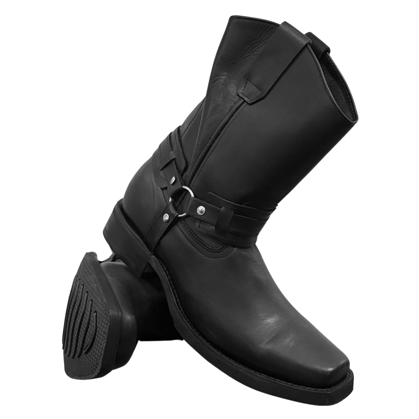 Unisex Boots (0001) - 11" Harness Black Leather Square Toe Boot