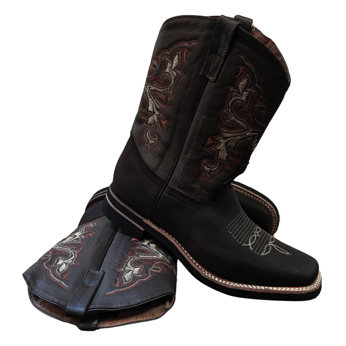 Men's Cowboy Boots (0007) - 13" Square Toe Dark Brown Tribal Stitching