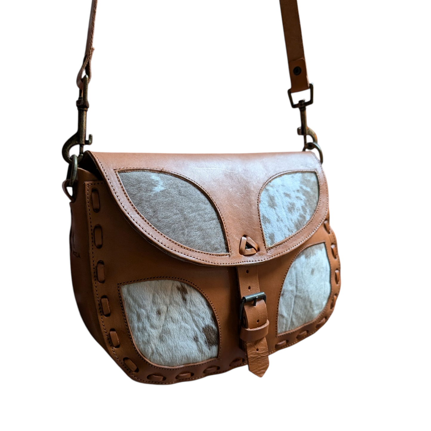 Handmade Leather Bag (0014) - Brown Leather w/ Cowhide