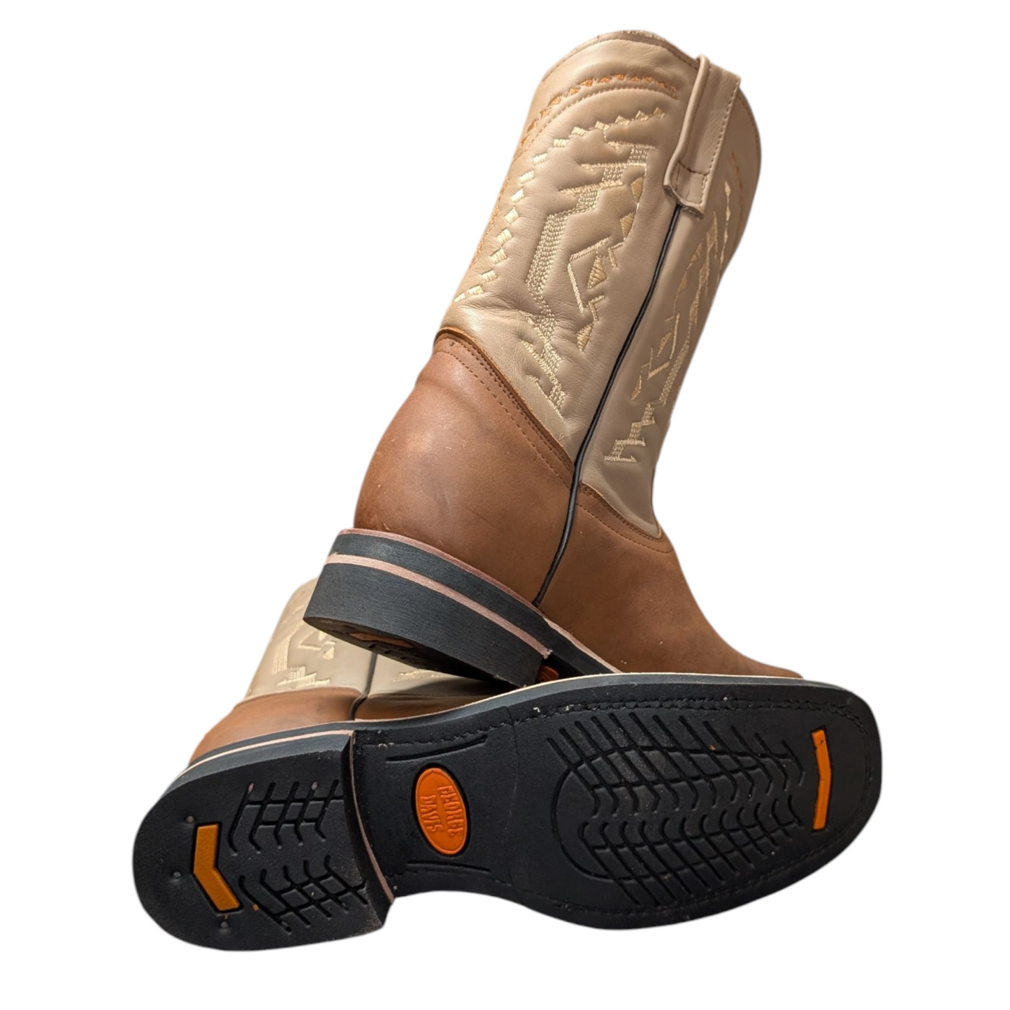 Men's Cowboy Boots (0047) - 12" Square Toe Brown and Taupe Leather Western Stitching