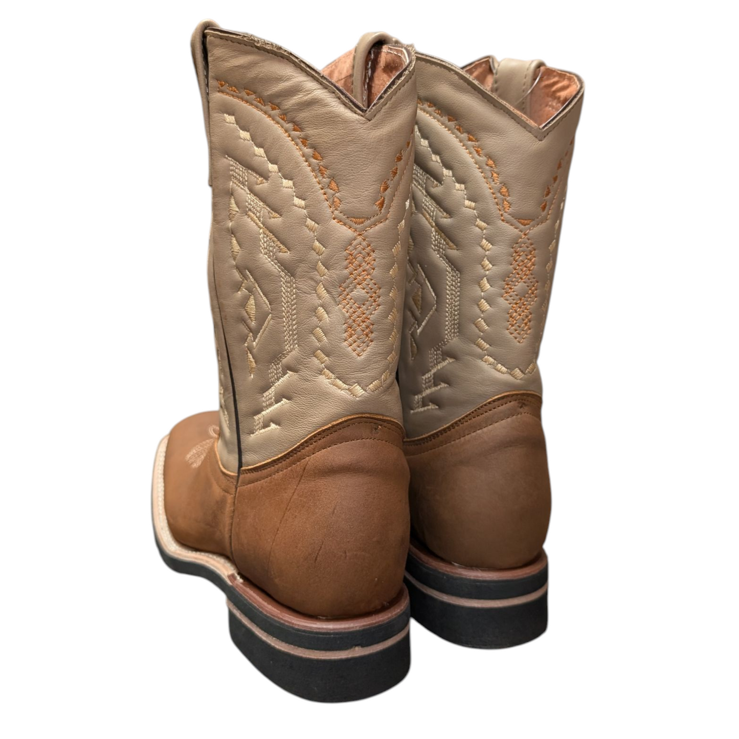 Men's Cowboy Boots (0047) - 12" Square Toe Brown and Taupe Leather Western Stitching