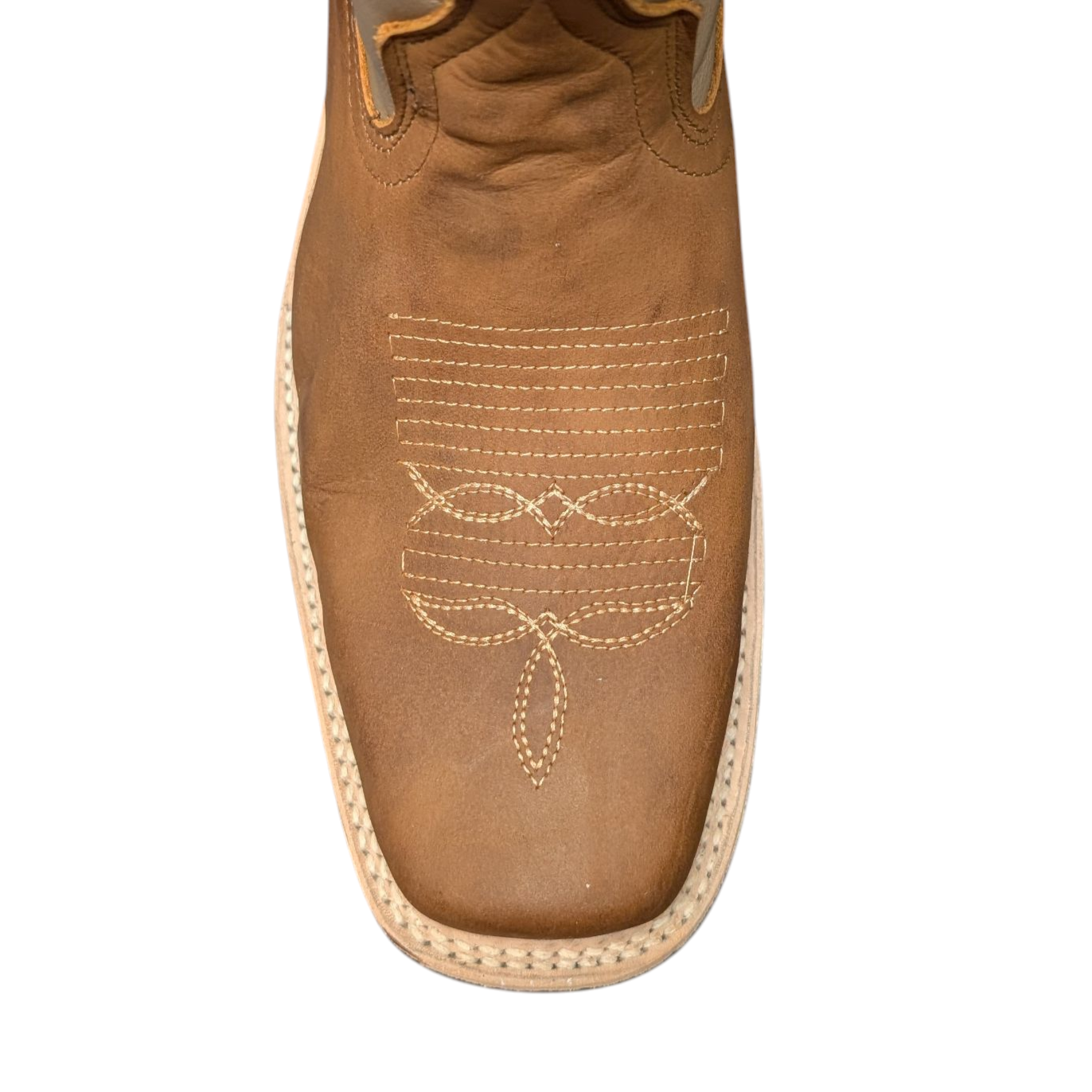 Men's Cowboy Boots (0047) - 12" Square Toe Brown and Taupe Leather Western Stitching