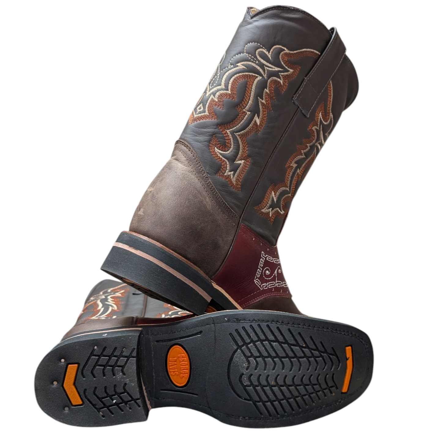 Men's Cowboy Boots (0049) - Square Toe Layered Brown & Burgundy Leather Horse-Shoe Design