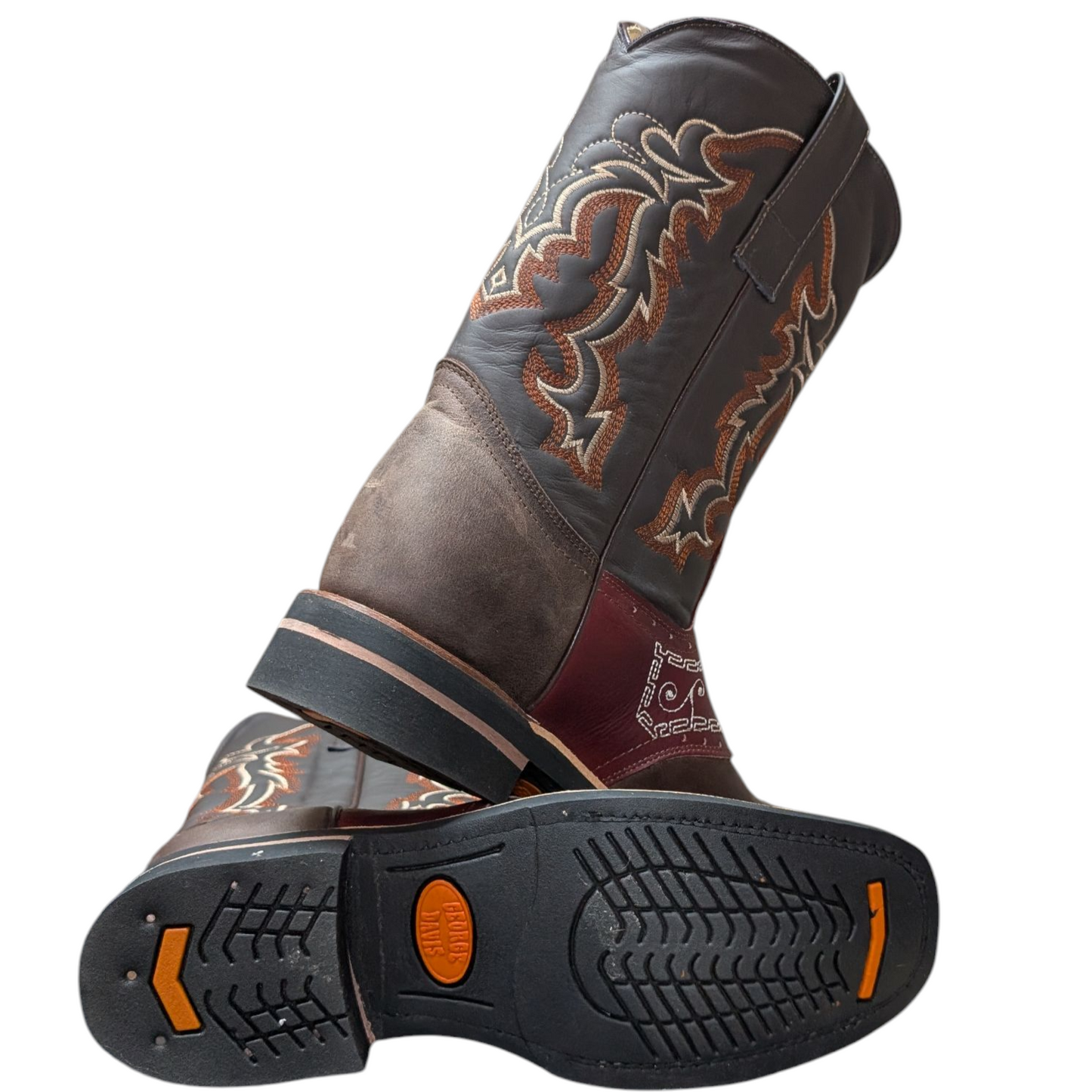 Men's Cowboy Boots (0051) - Square Toe Layered Brown & Burgundy Leather Two-Horse Design