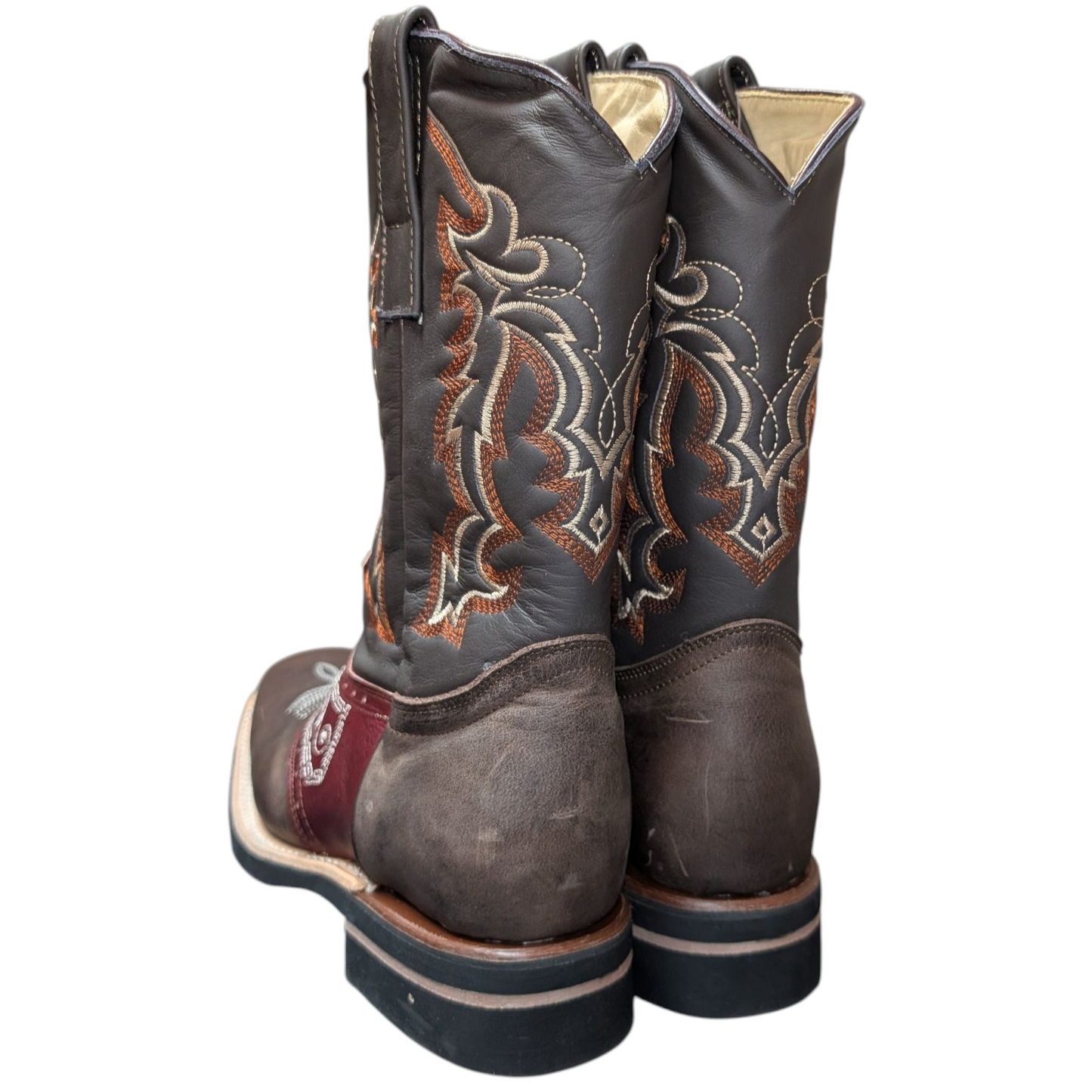 Men's Cowboy Boots (0049) - Square Toe Layered Brown & Burgundy Leather Horse-Shoe Design