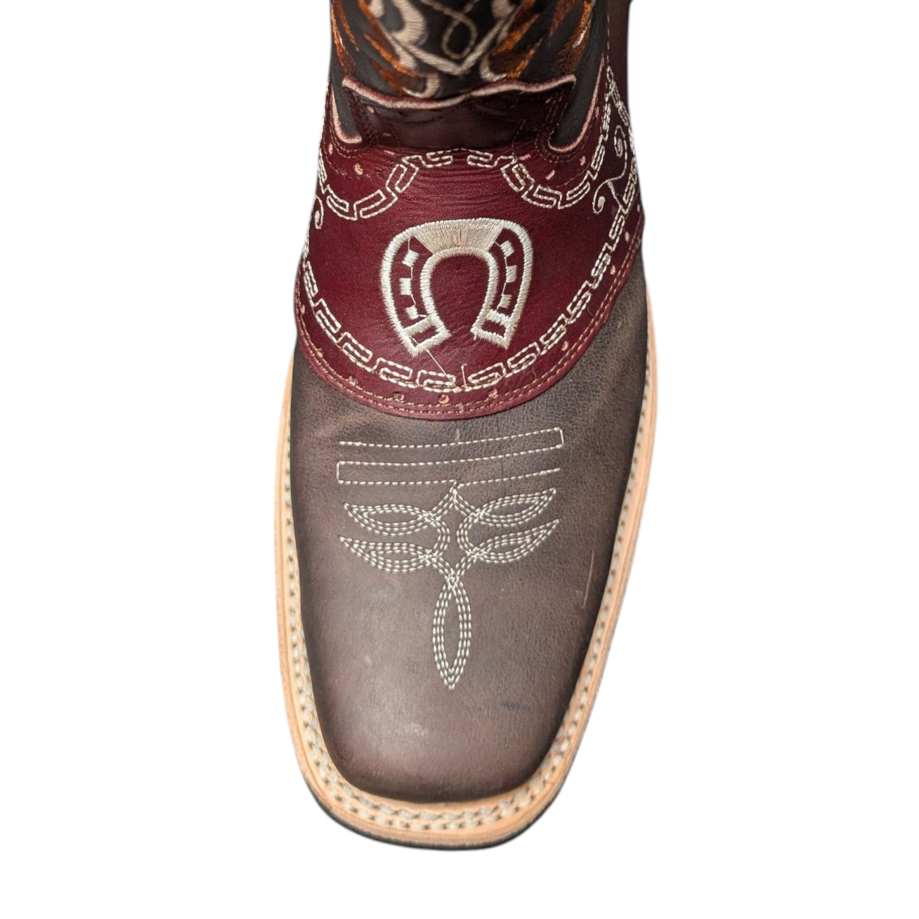 Men's Cowboy Boots (0049) - Square Toe Layered Brown & Burgundy Leather Horse-Shoe Design