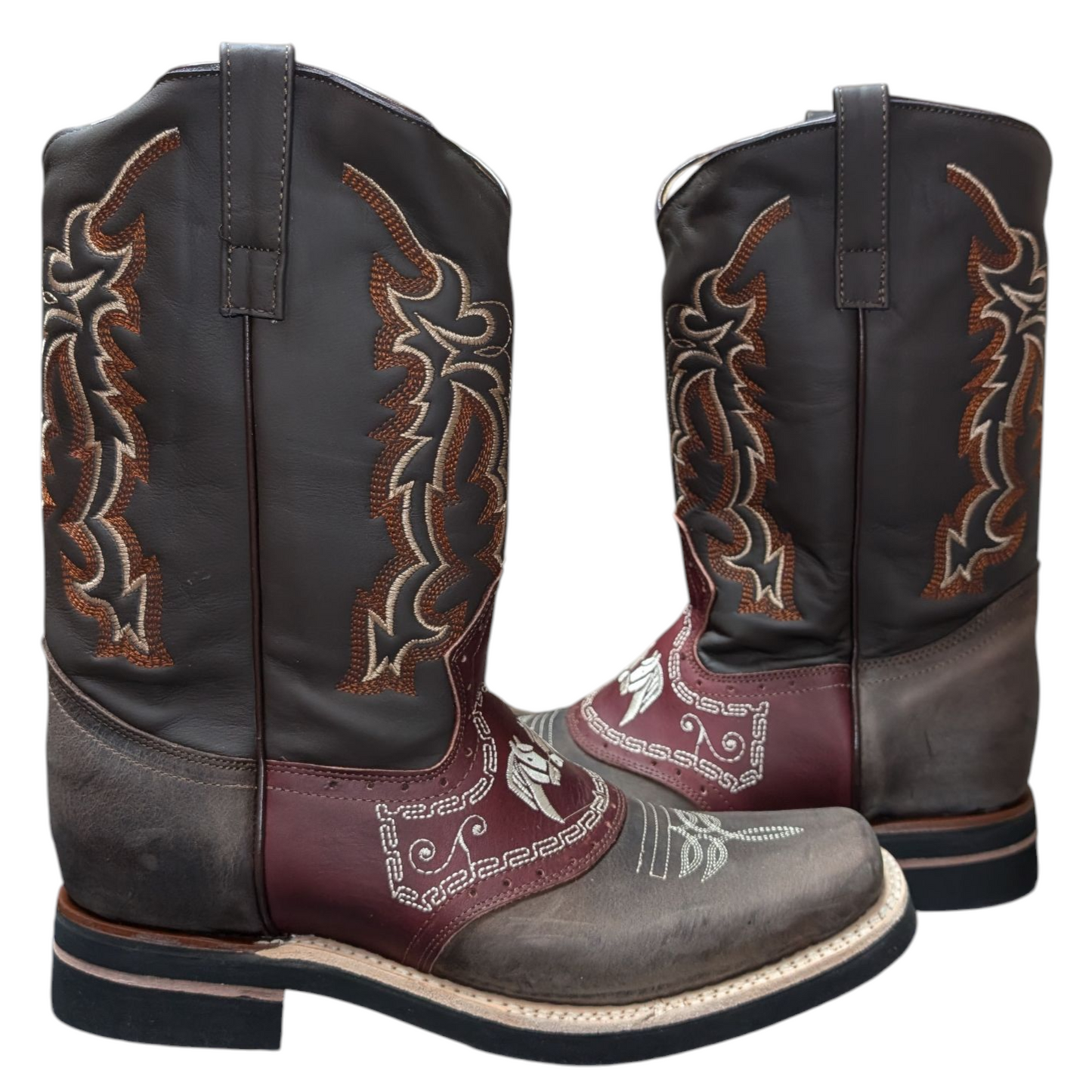 Men's Cowboy Boots (0051) - Square Toe Layered Brown & Burgundy Leather Two-Horse Design