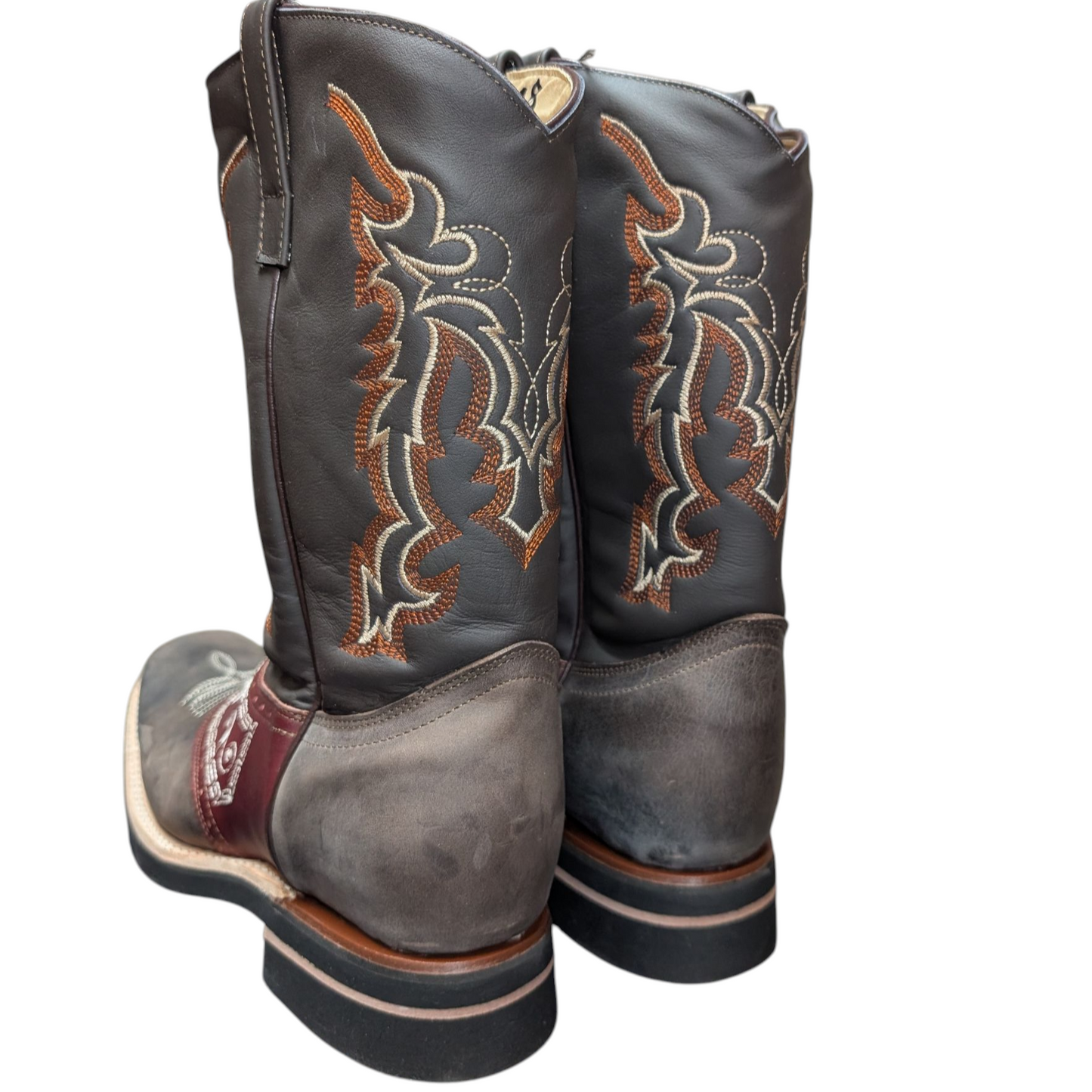 Men's Cowboy Boots (0051) - Square Toe Layered Brown & Burgundy Leather Two-Horse Design
