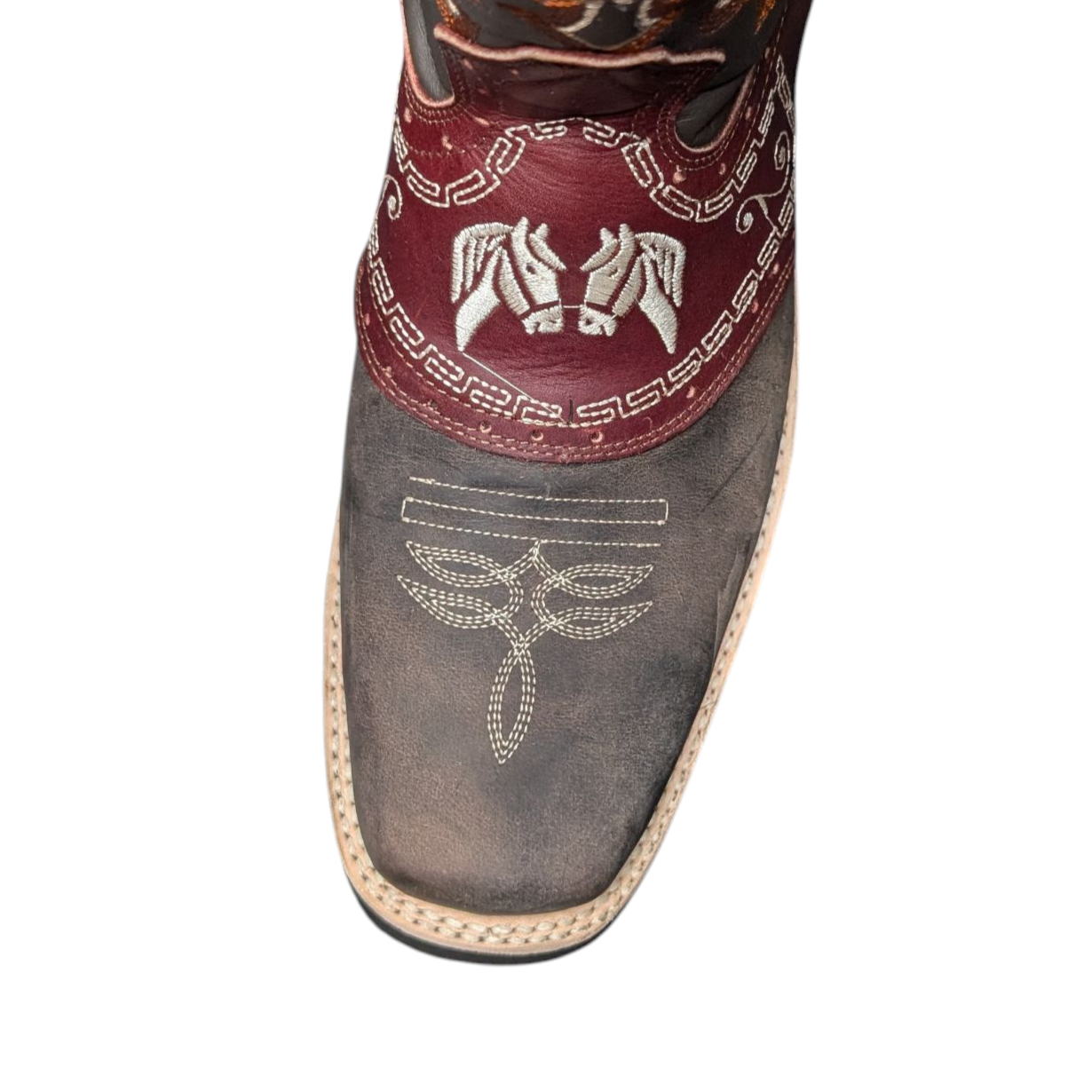 Men's Cowboy Boots (0051) - Square Toe Layered Brown & Burgundy Leather Two-Horse Design