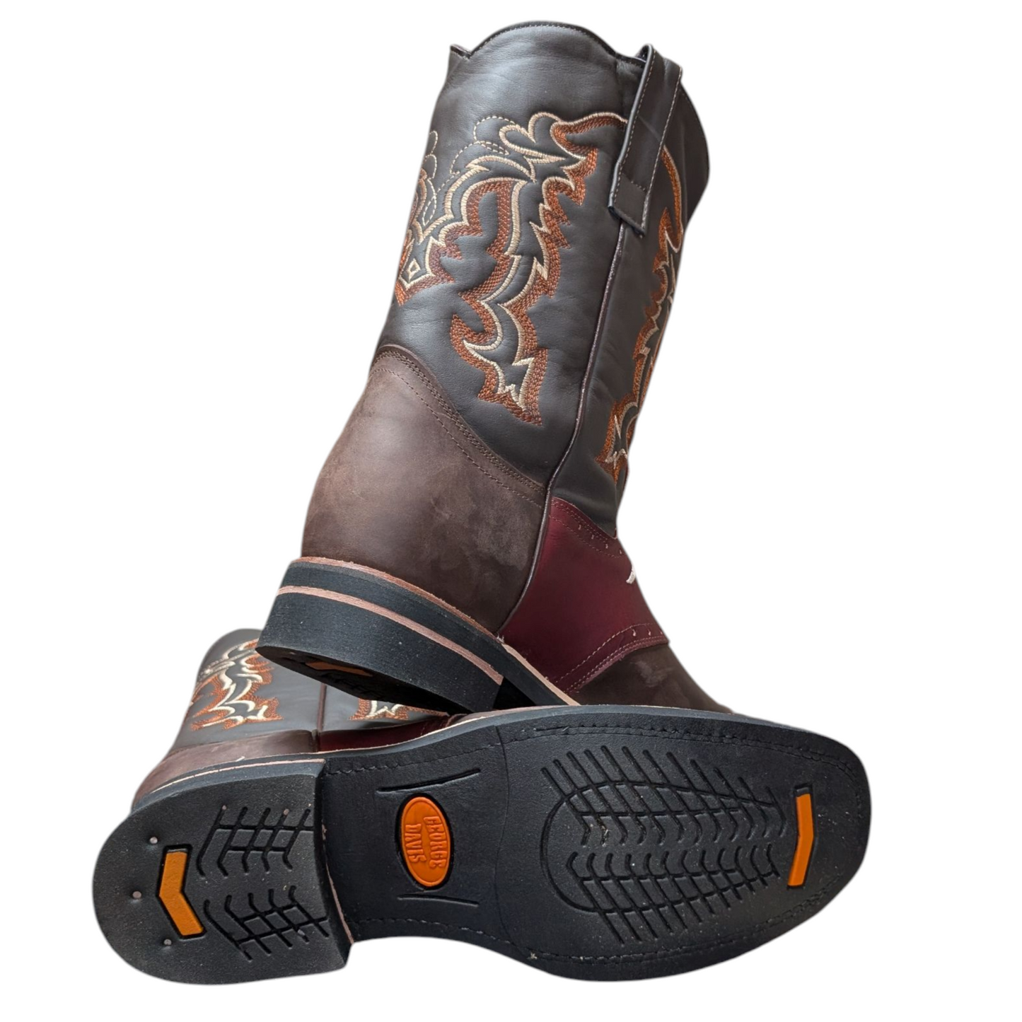 Men's Cowboy Boots (0050) - Square Toe Layered Brown & Burgundy Leather Longhorn Design