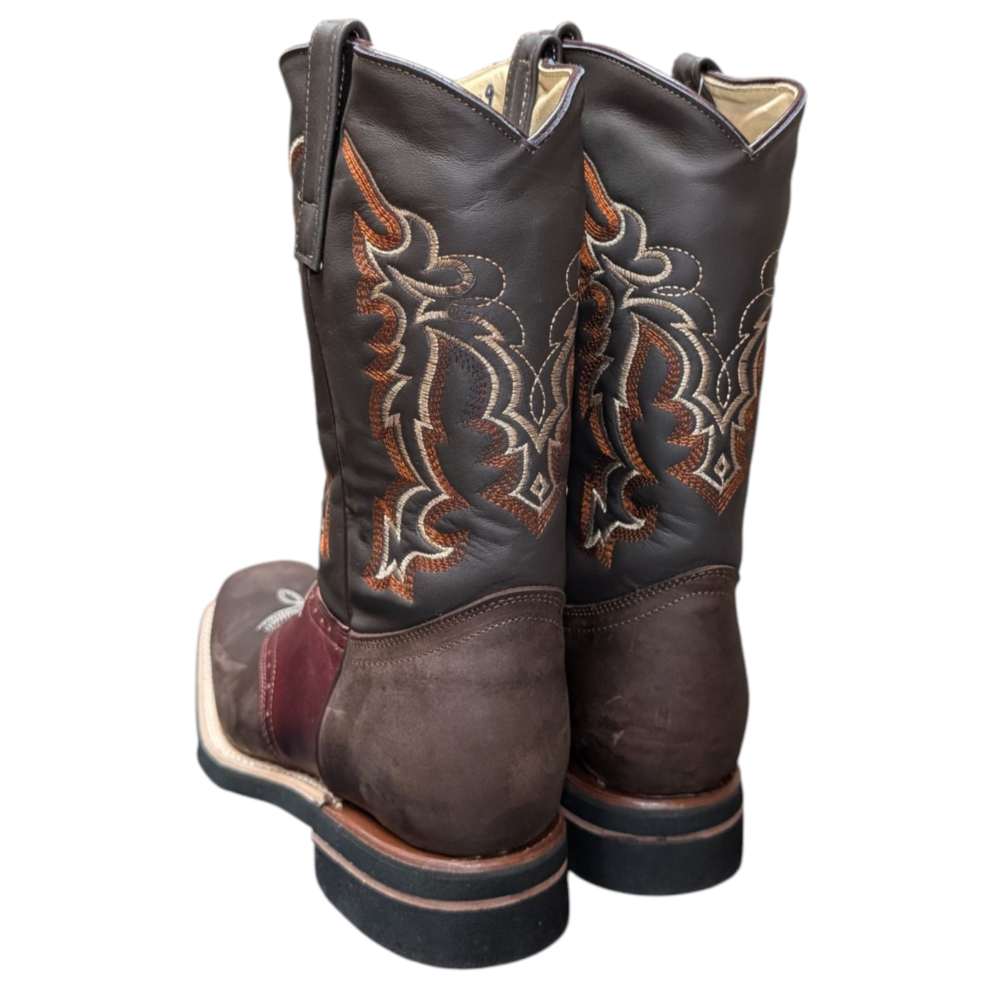 Men's Cowboy Boots (0050) - Square Toe Layered Brown & Burgundy Leather Longhorn Design