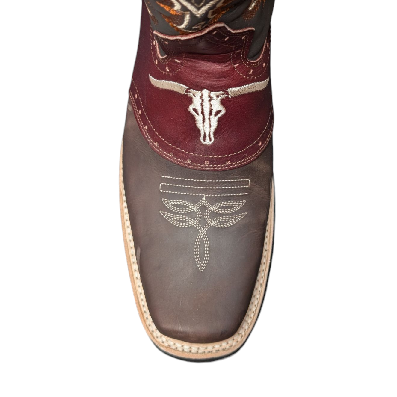 Men's Cowboy Boots (0050) - Square Toe Layered Brown & Burgundy Leather Longhorn Design