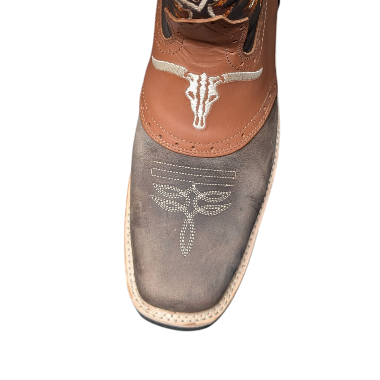Men's Cowboy Boots (0046) - Layered Leather Longhorn Design Square Toe