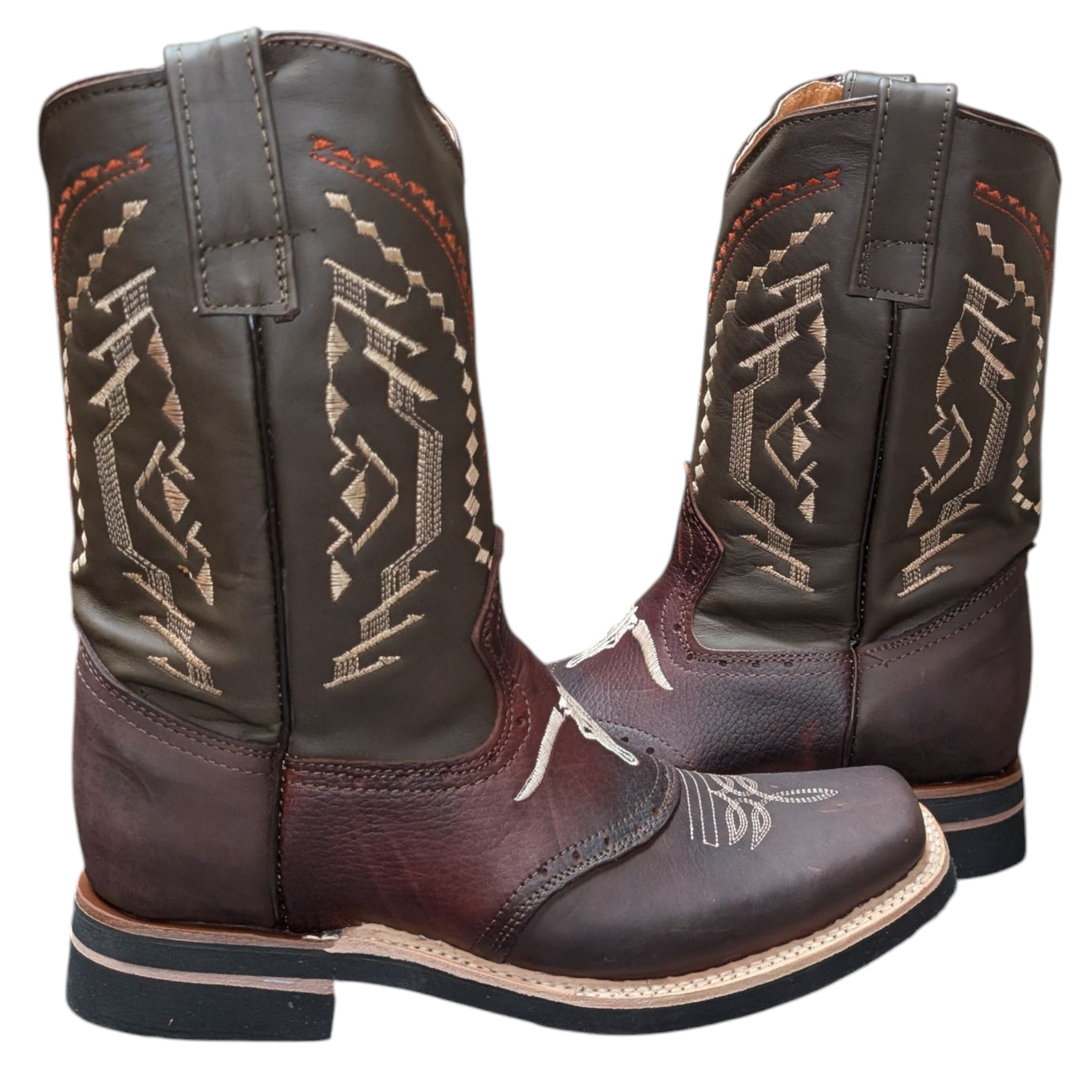 Men's Cowboy Boots (0052) - Square Toe Layered Brown & Burgundy Leather Longhorn Design