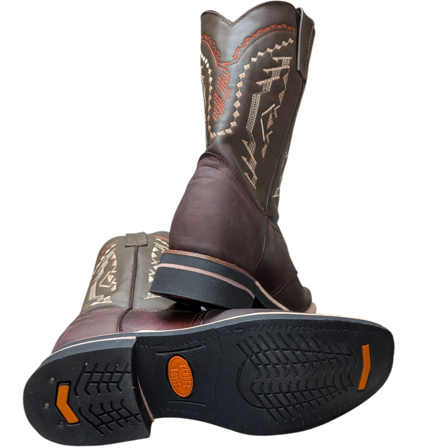Men's Cowboy Boots (0052) - Square Toe Layered Brown & Burgundy Leather Longhorn Design