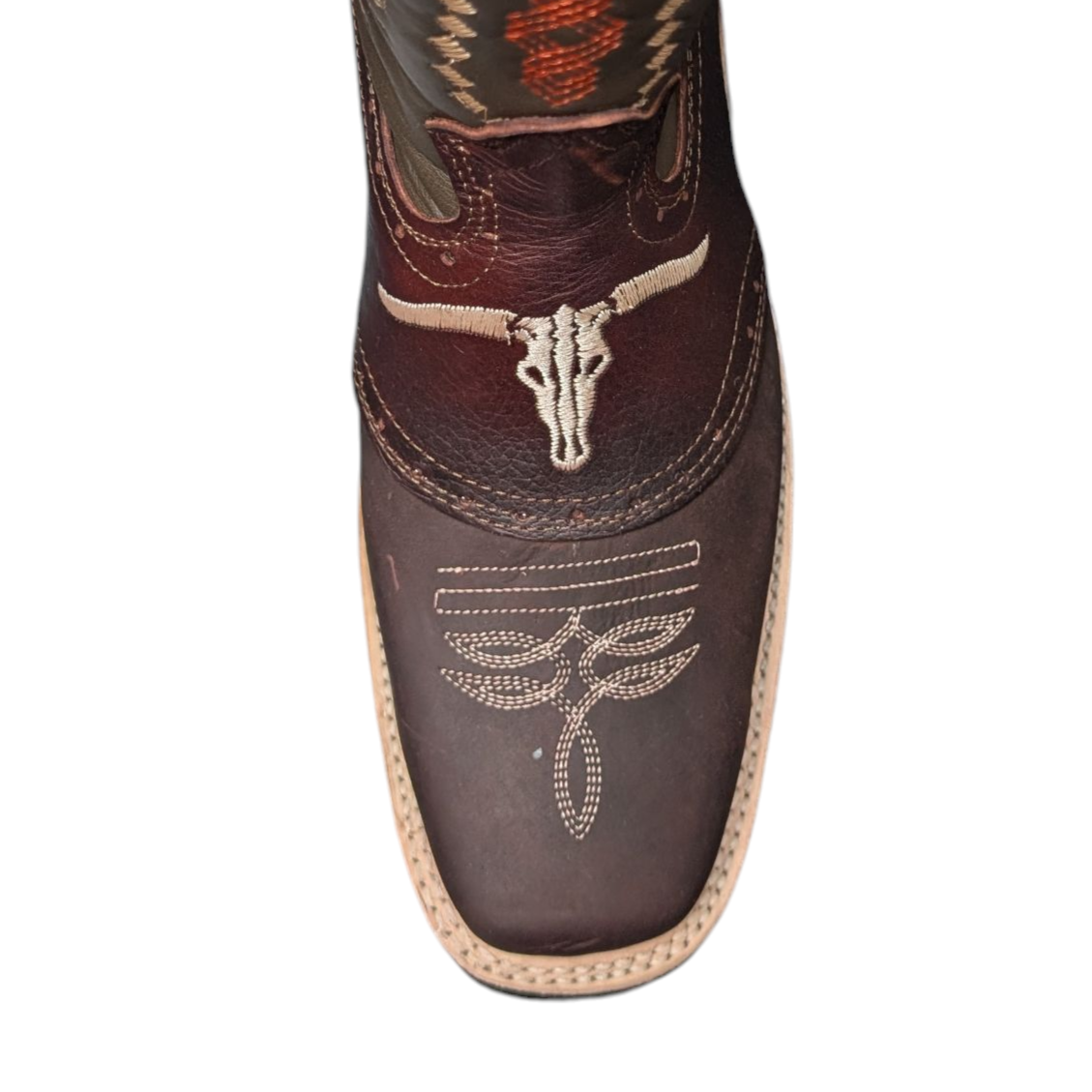 Men's Cowboy Boots (0052) - Square Toe Layered Brown & Burgundy Leather Longhorn Design