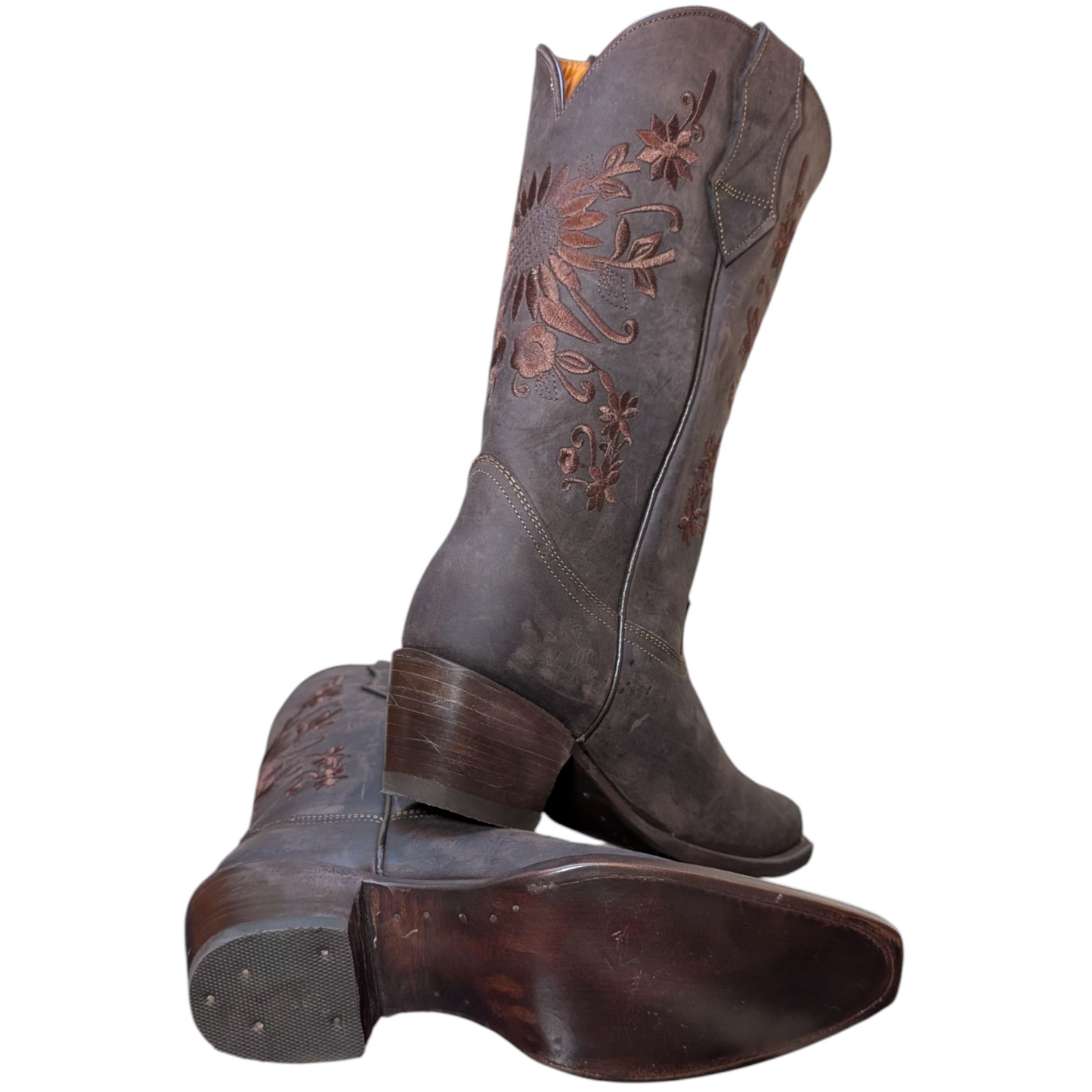 Women's Cowboy Boots (0066) - 14" Wide Calf Brown Leather w/ Snip Toe
