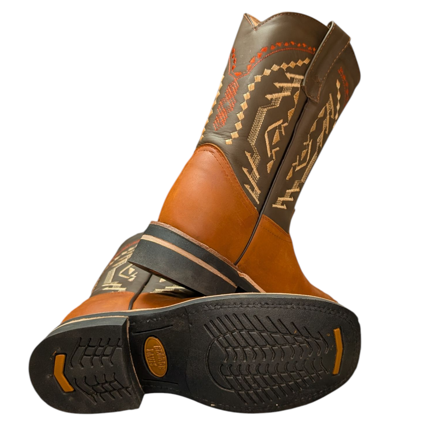 Men's Cowboy Boots (0053) - 12" Square Toe Tan/Dark Taupe Leather Western Stitching
