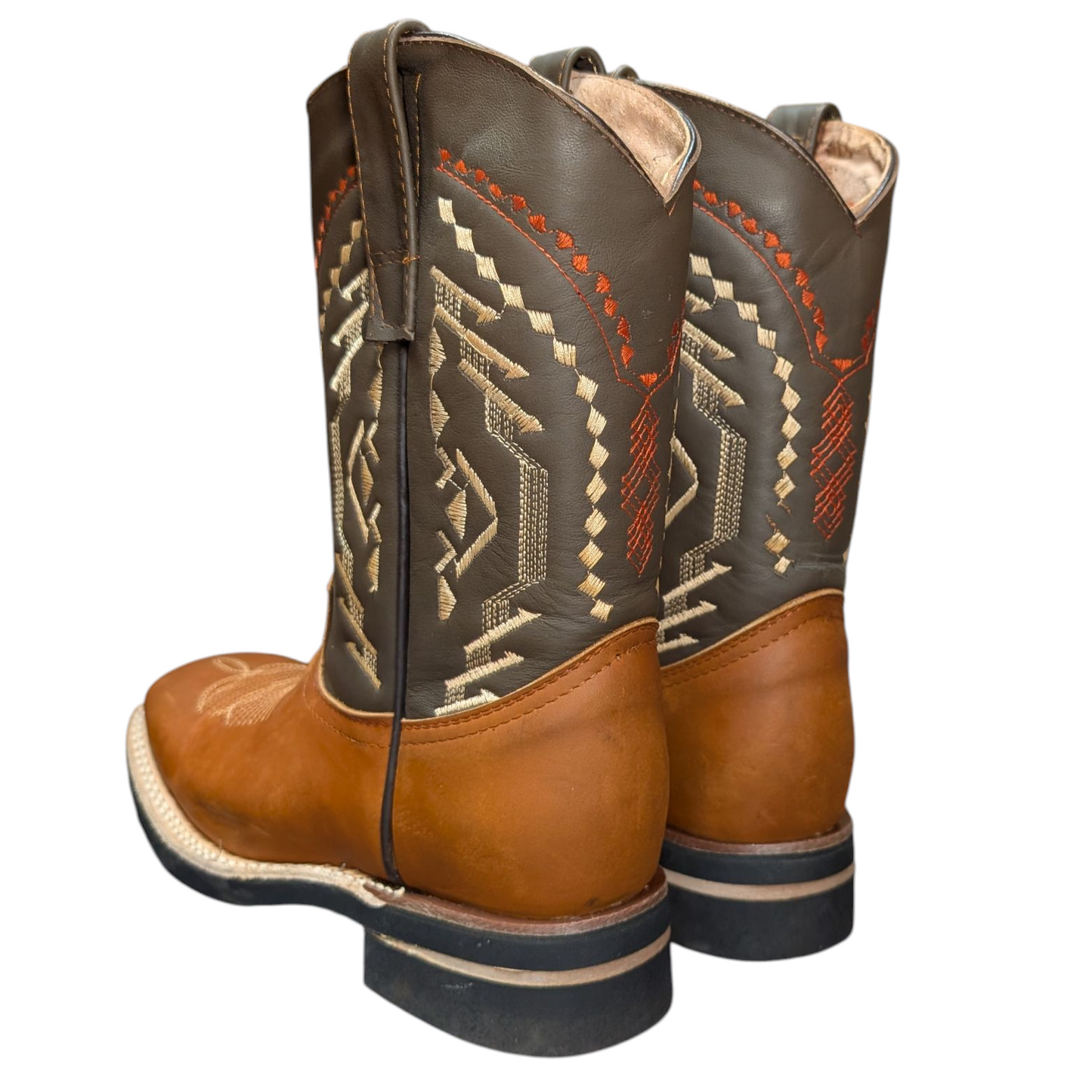 Men's Cowboy Boots (0053) - 12" Square Toe Tan/Dark Taupe Leather Western Stitching