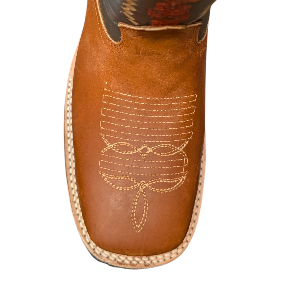 Men's Cowboy Boots (0053) - 12" Square Toe Tan/Dark Taupe Leather Western Stitching