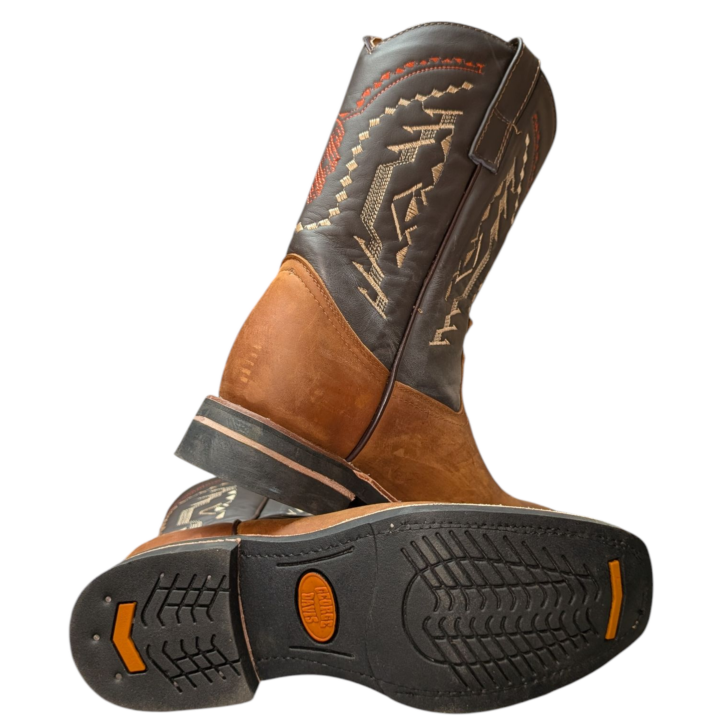 Men's Cowboy Boots (0054) - 12" Rodeo Toe Brown & Dark Grey Leather Western Stitching