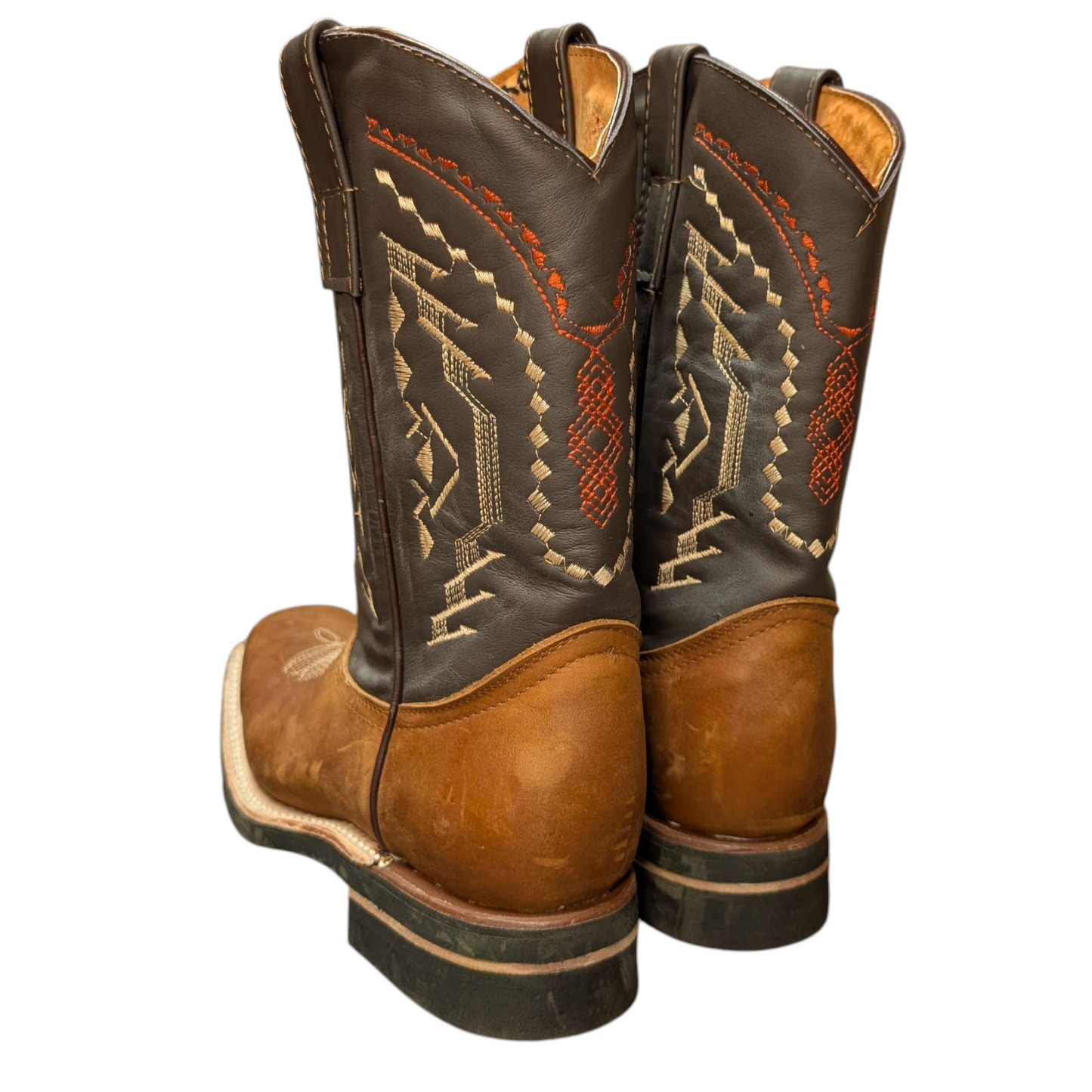 Men's Cowboy Boots (0054) - 12" Rodeo Toe Brown & Dark Grey Leather Western Stitching