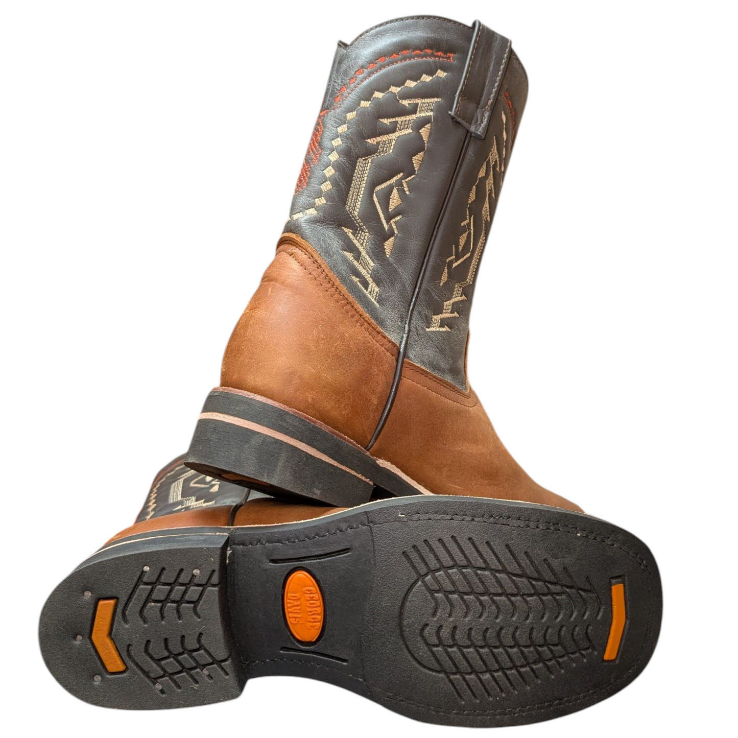 Men's Cowboy Boots (0055) - 12" Square Toe Brown & Dark Grey Leather Western Stitching