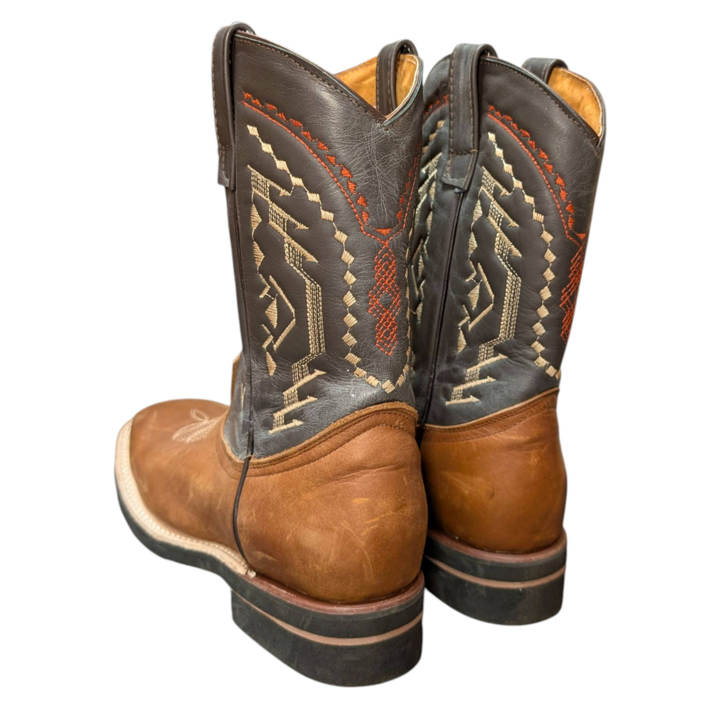 Men's Cowboy Boots (0055) - 12" Square Toe Brown & Dark Grey Leather Western Stitching