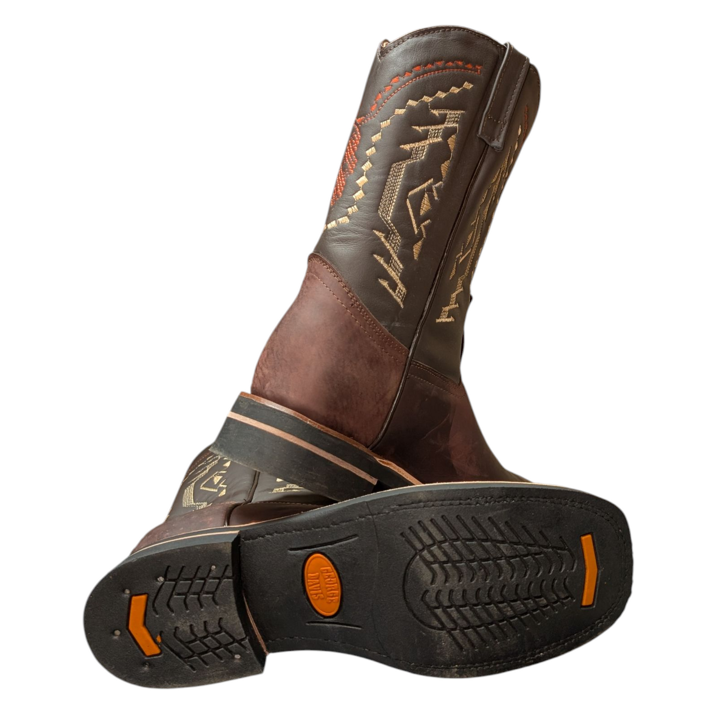 Men's Cowboy Boots (0058) - 12" Square Toe Burgundy Brown & Dark Taupe Leather Western Stitching