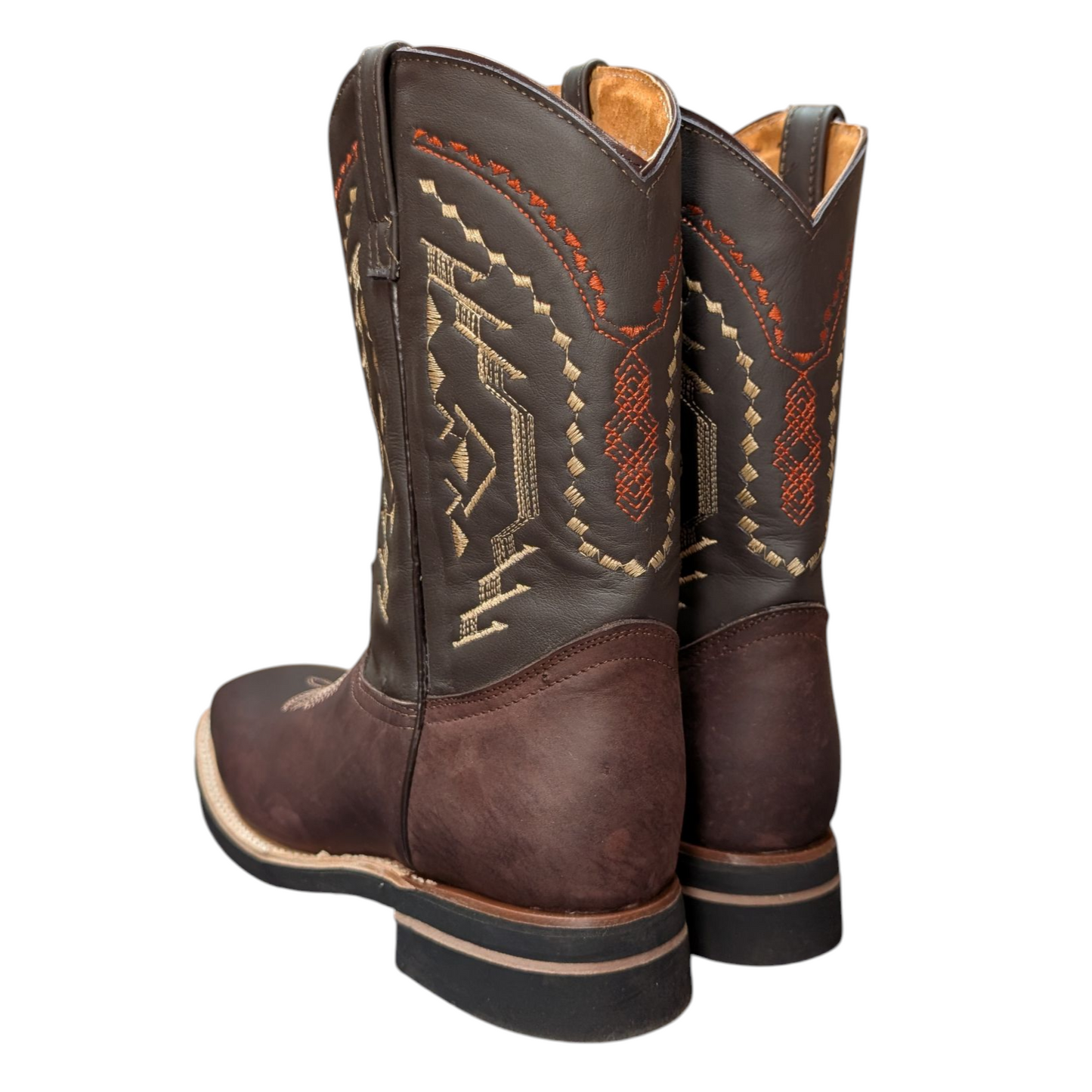Men's Cowboy Boots (0058) - 12" Square Toe Burgundy Brown & Dark Taupe Leather Western Stitching