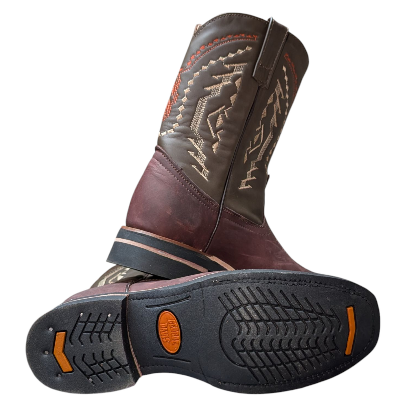 Men's Cowboy Boots (0057) - 12" Rodeo Toe Burgundy Brown & Dark Taupe Leather Western Stitching